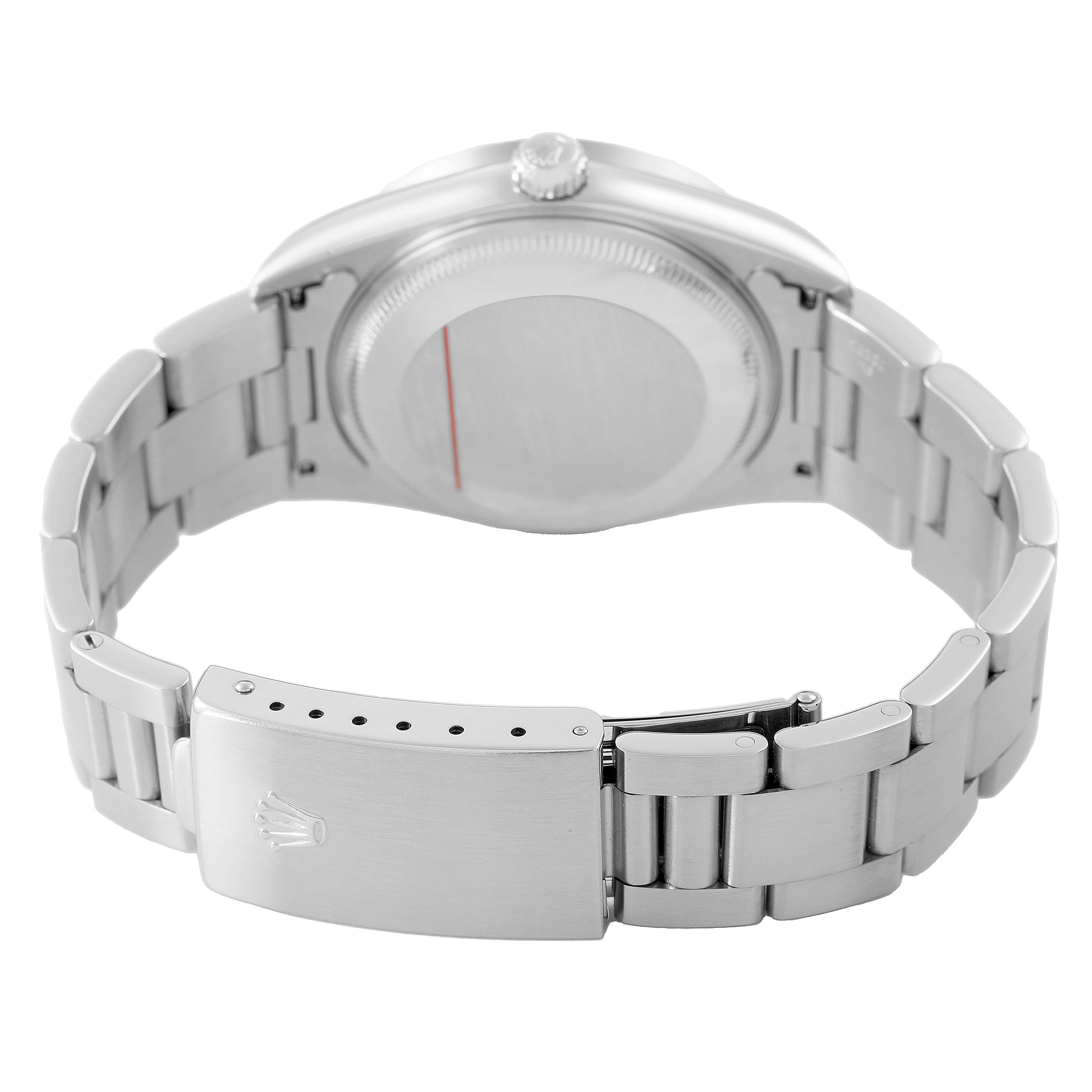 The image shows the back of a Rolex Air-King 14010 Men's Stainless Steel White Dial watch, highlighting its clasp, bracelet, and case back.