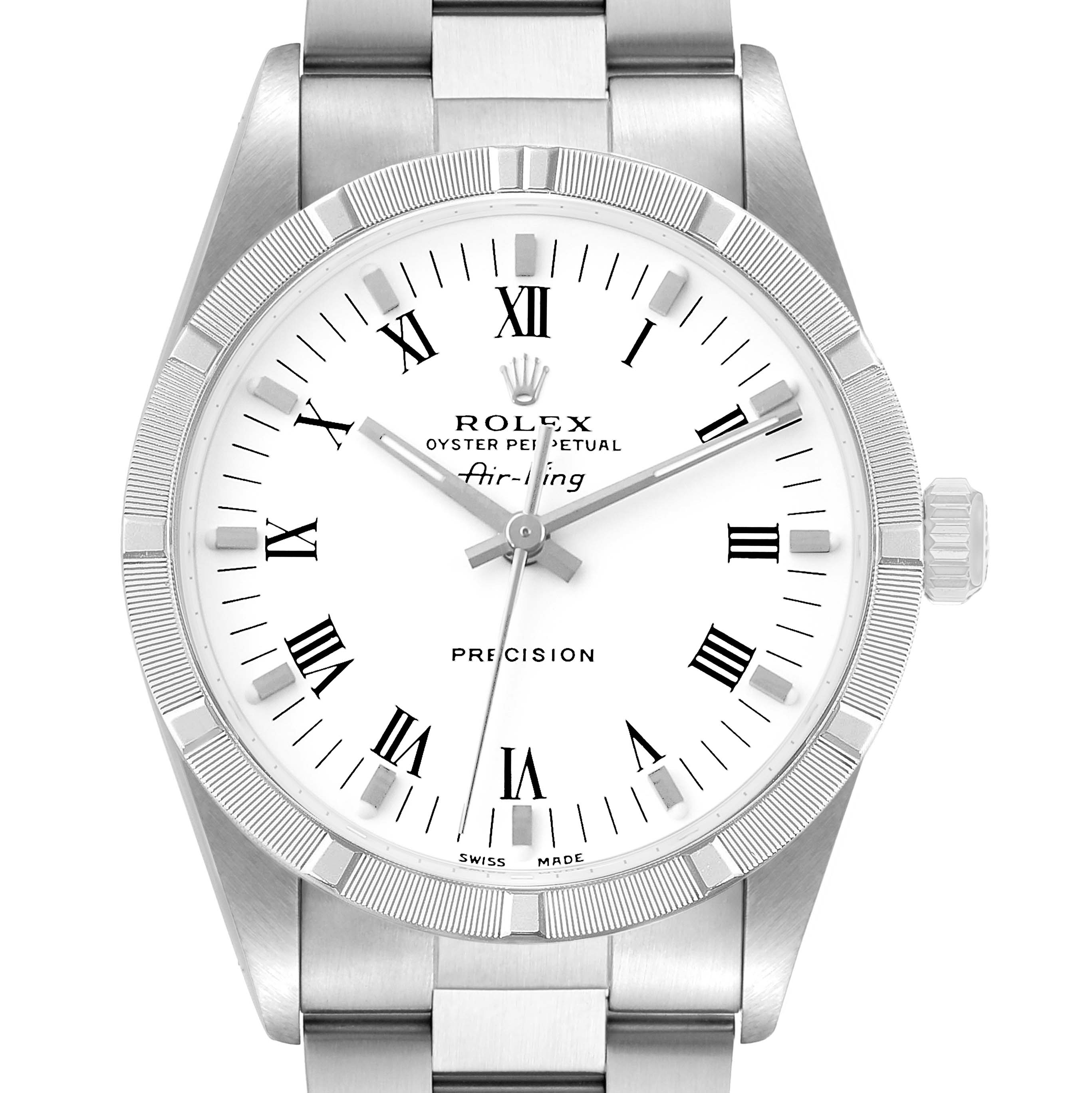 The Rolex Air-King 14010 Men's Stainless Steel White Dial watch is shown from a front angle, displaying the dial, bezel, and part of the bracelet.
