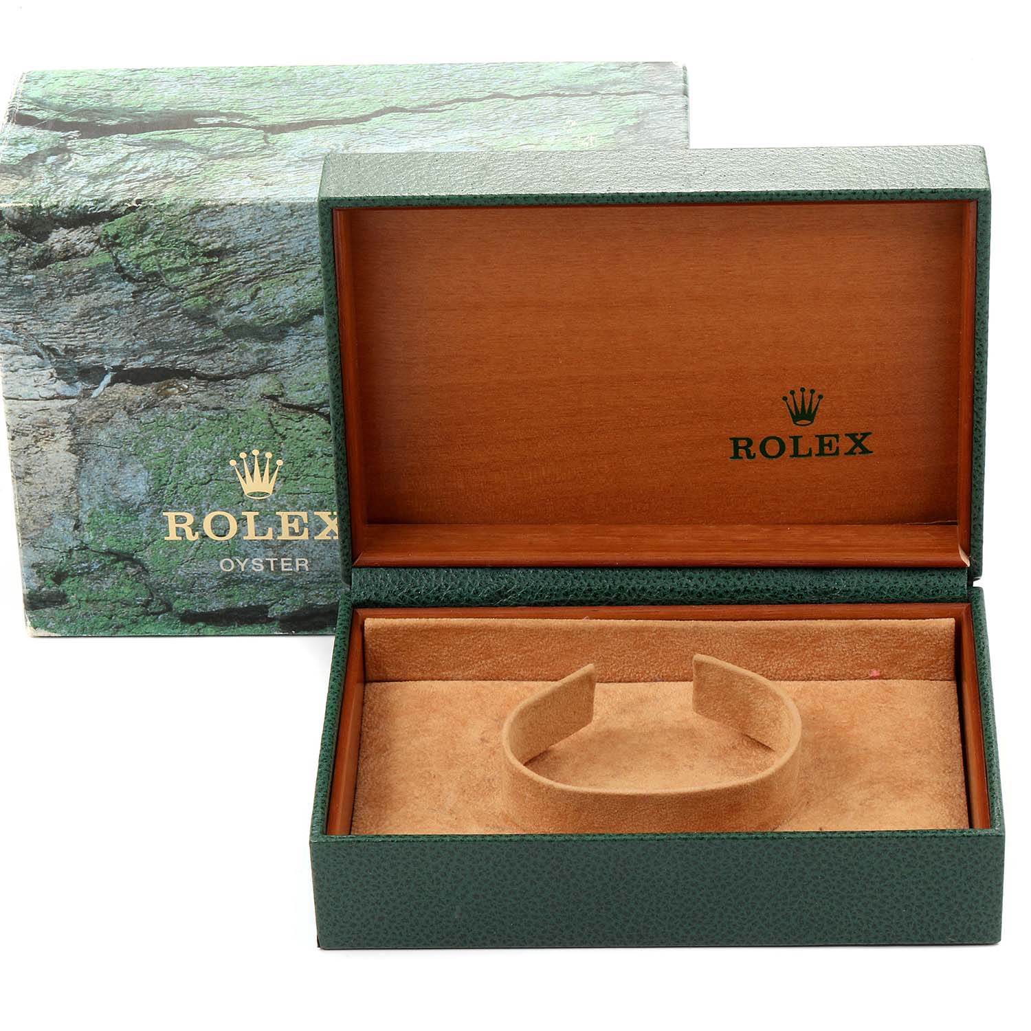 The image shows an open Rolex box, likely for the Air-King model, displaying the inner compartment and watch cushion.