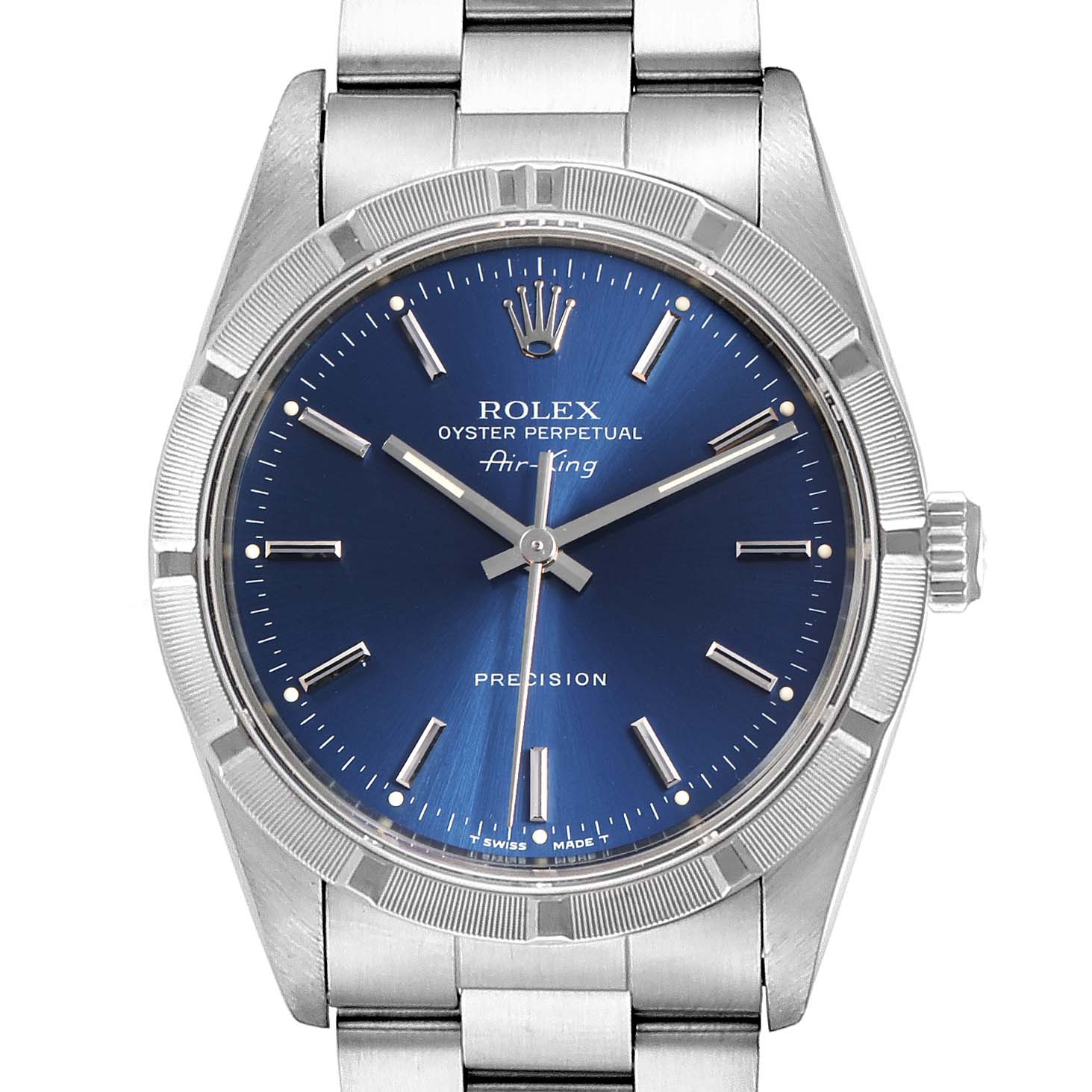 This image shows a front view of a Rolex Air-King 14010 Men's Stainless Steel Blue Dial 14010 Men's Stainless Steel Blue Dial watch, highlighting the dial, hands, bezel, and part of the bracelet.