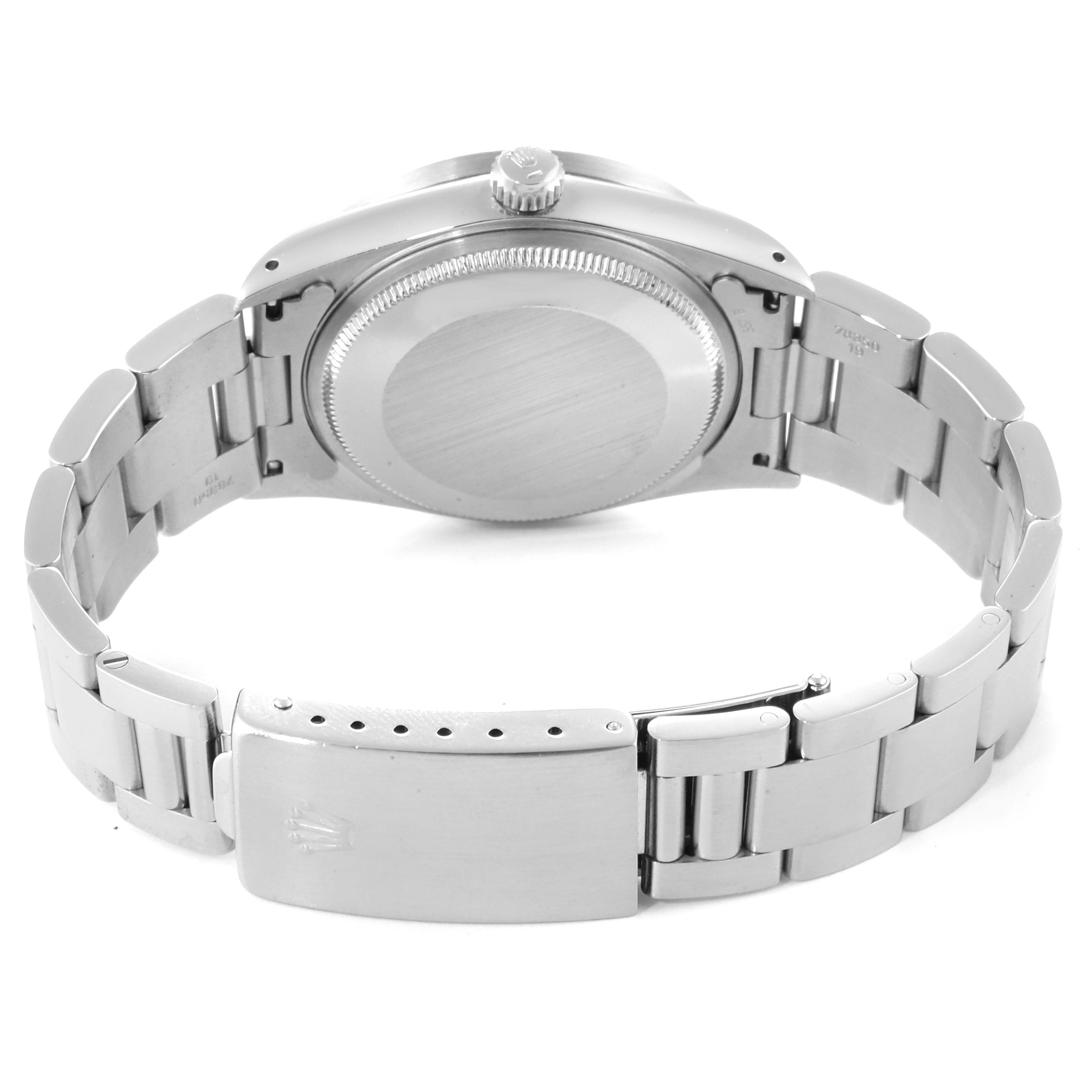 The image shows the back case and bracelet clasp of a Rolex Air-King 14010 Men's Stainless Steel Blue Dial 14010 Men's Stainless Steel Blue Dial watch from a rear angle.