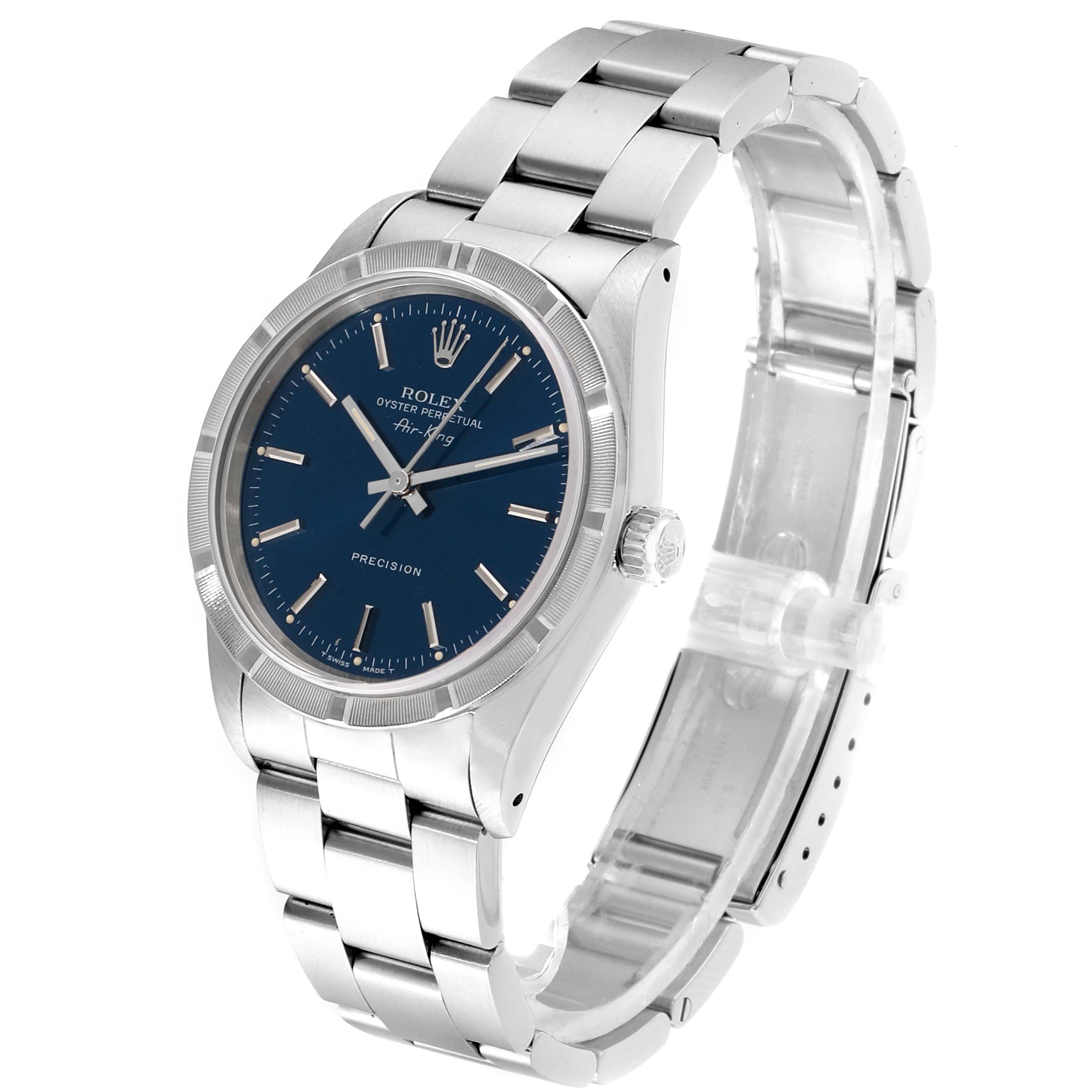 The Rolex Air-King 14010 Men's Stainless Steel Blue Dial 14010 Men's Stainless Steel Blue Dial watch is shown at a slightly tilted front angle, highlighting its face, bezel, and bracelet.