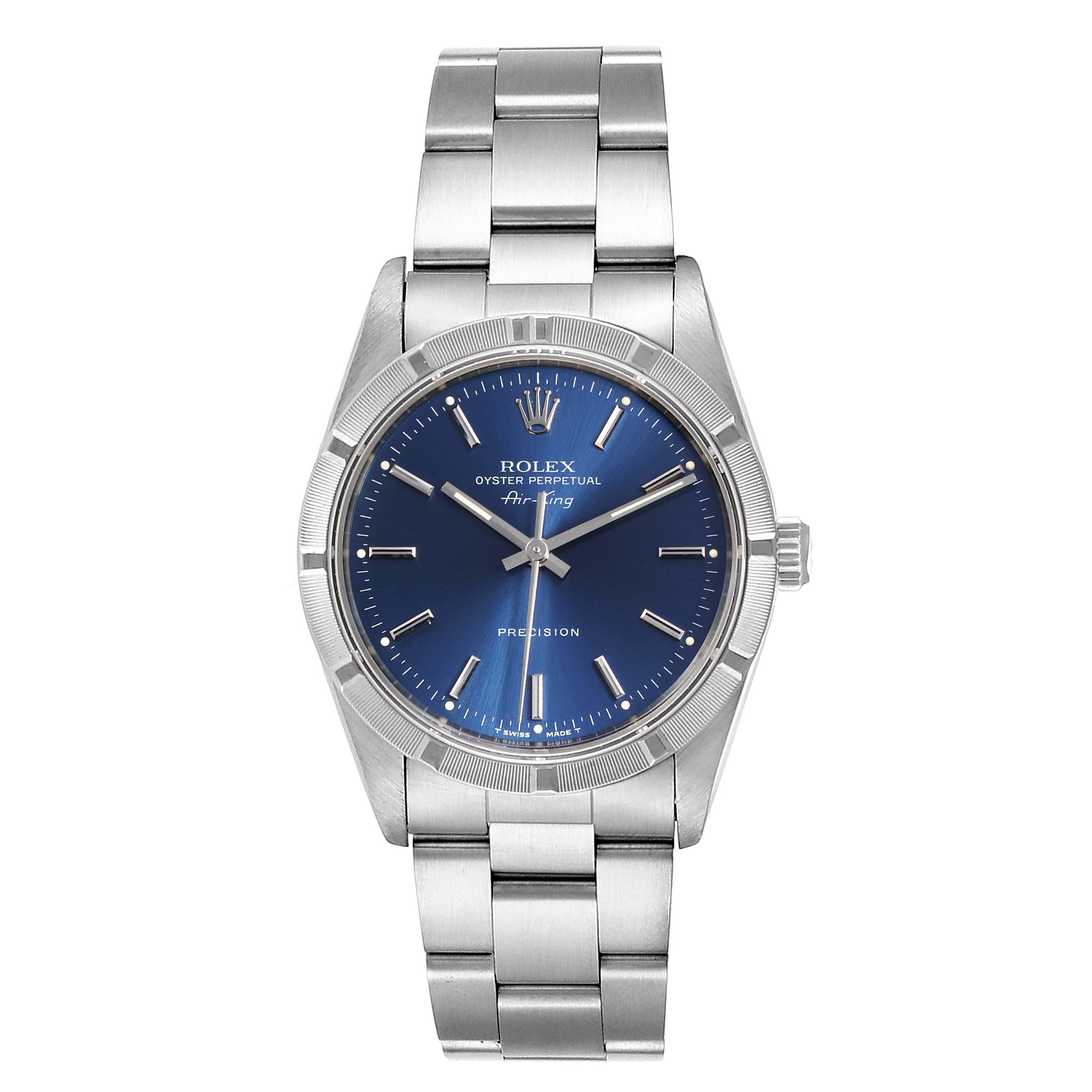 This image shows a front view of the Rolex Air-King 14010 Men's Stainless Steel Blue Dial 14010 Men's Stainless Steel Blue Dial watch, featuring its dial, bracelet, and crown.