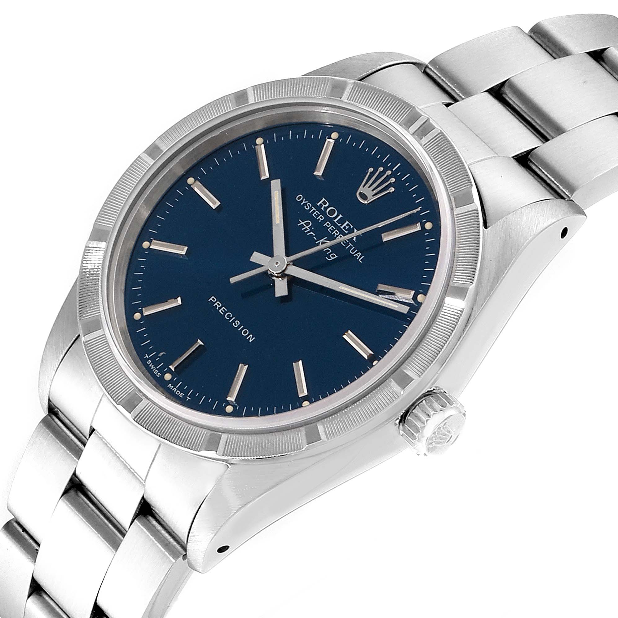 The image shows a Rolex Air-King 14010 Men's Stainless Steel Blue Dial 14010 Men's Stainless Steel Blue Dial watch from an angled view, highlighting its face, bezel, crown, and bracelet.
