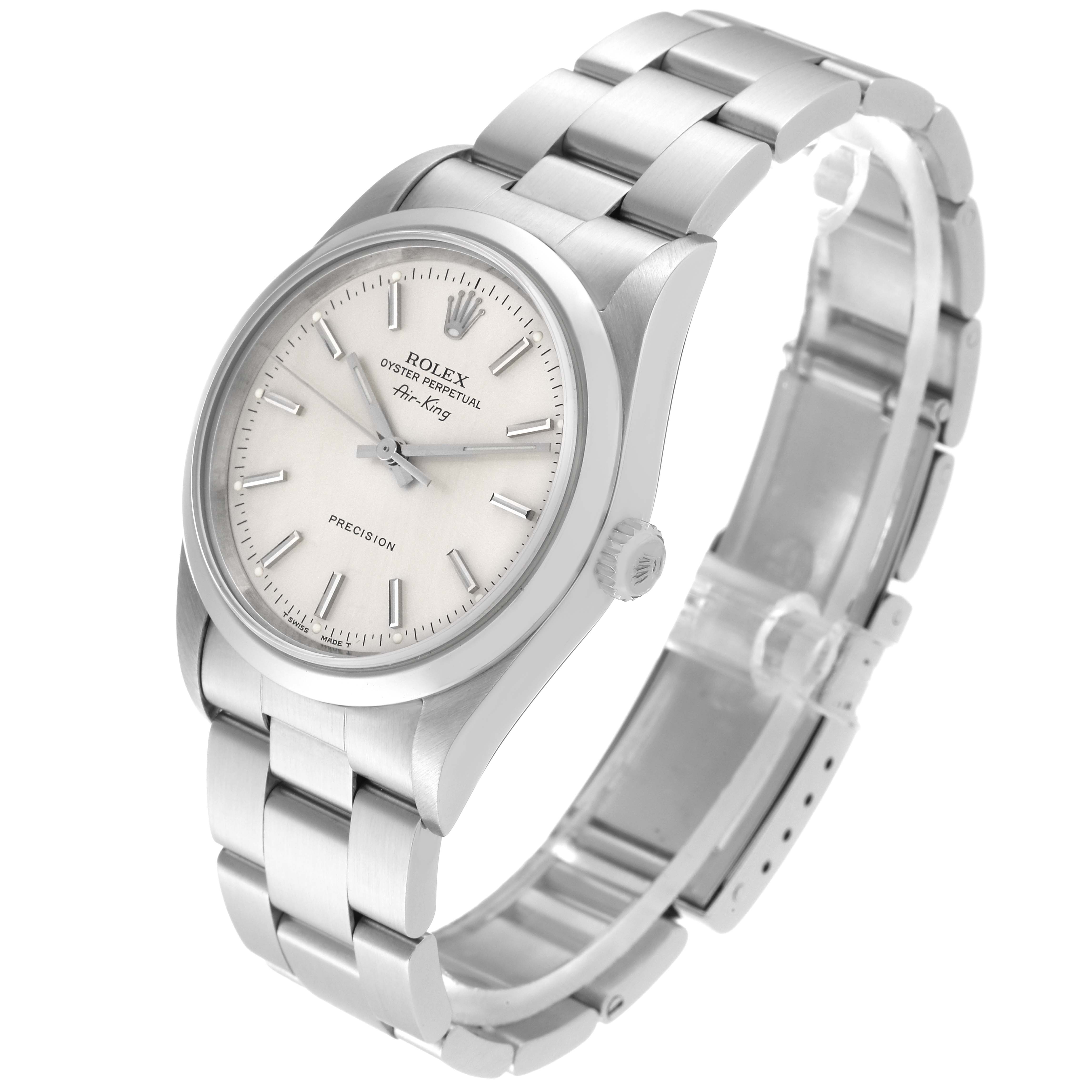 The Rolex Air-King 14000 Men's Stainless Steel Silver Dial 14000 Men's Stainless Steel Silver Dial watch is shown at a slight angle, displaying the face, crown, and bracelet predominantly.