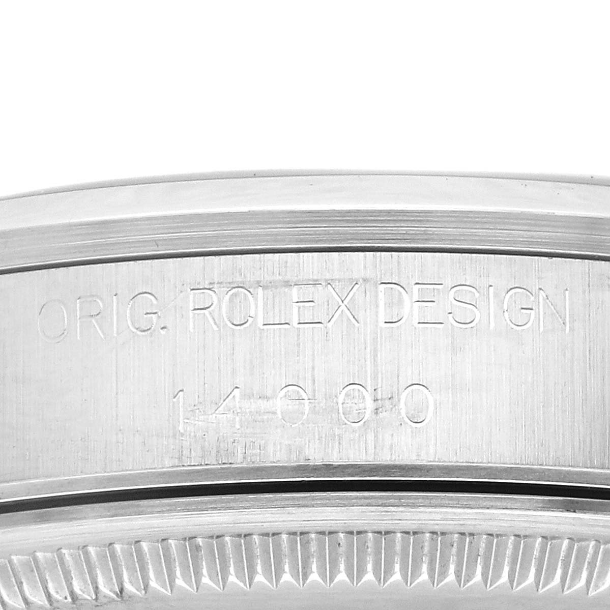 This image shows a close-up of the case back edge of a Rolex Air-King 14000 Men's Stainless Steel Silver Dial 14000 Men's Stainless Steel Silver Dial watch, displaying its design and model number engravings.