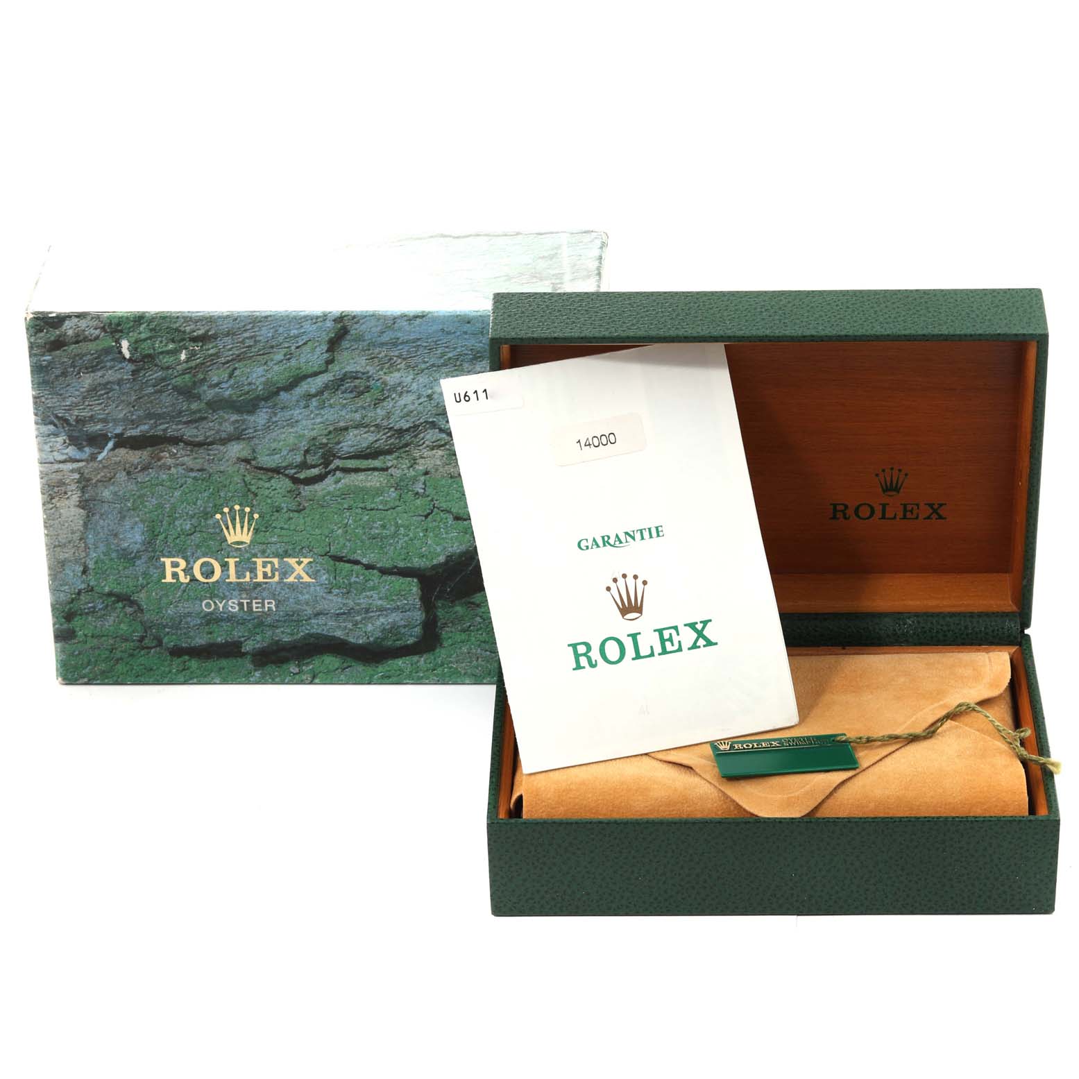The image shows the box, warranty card, and packaging of a Rolex Air-King 14000 Men's Stainless Steel Silver Dial 14000 Men's Stainless Steel Silver Dial watch.