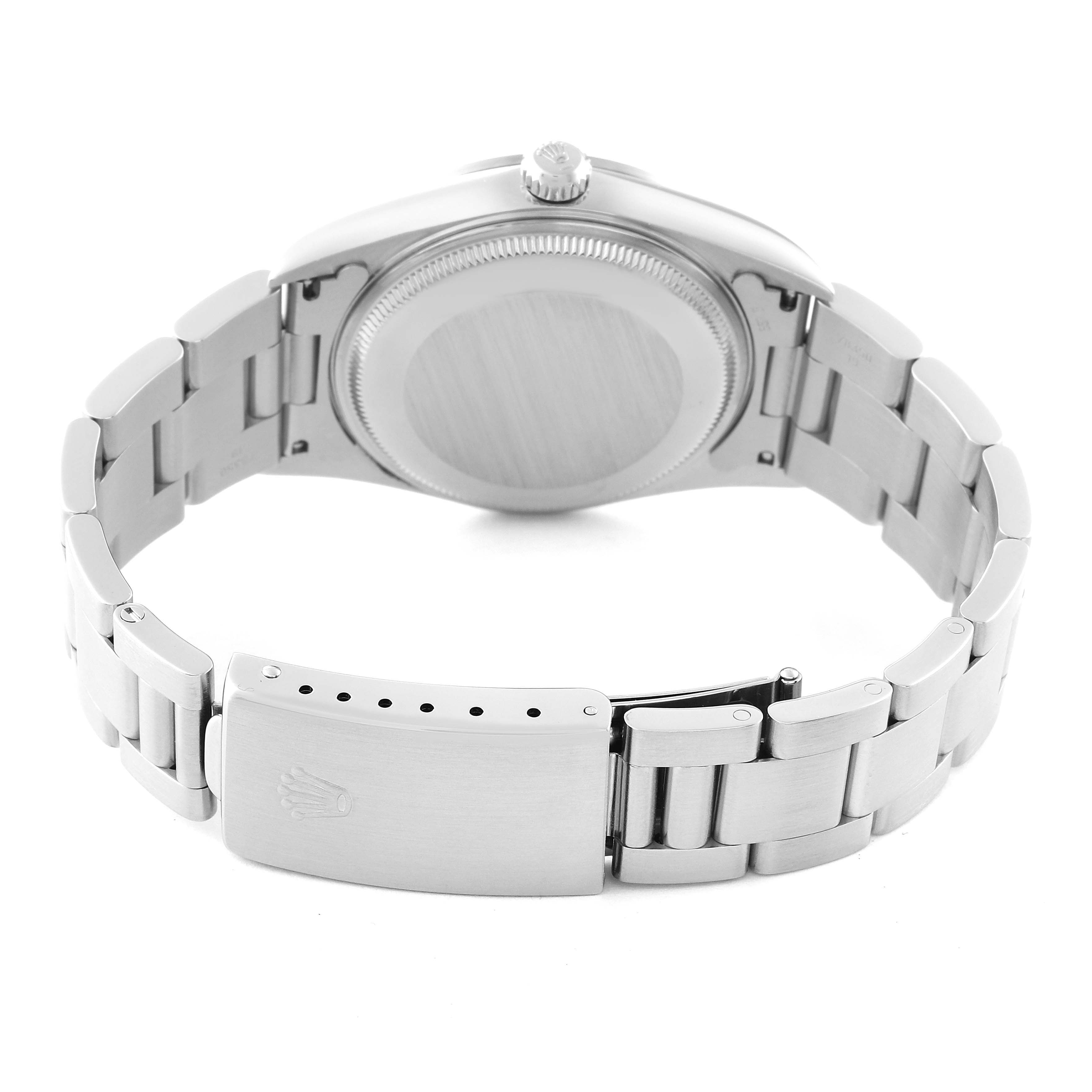 The image shows the back side of a Rolex Air-King 14000 Men's Stainless Steel Silver Dial 14000 Men's Stainless Steel Silver Dial watch, focusing on the case back, crown, and bracelet with the clasp.