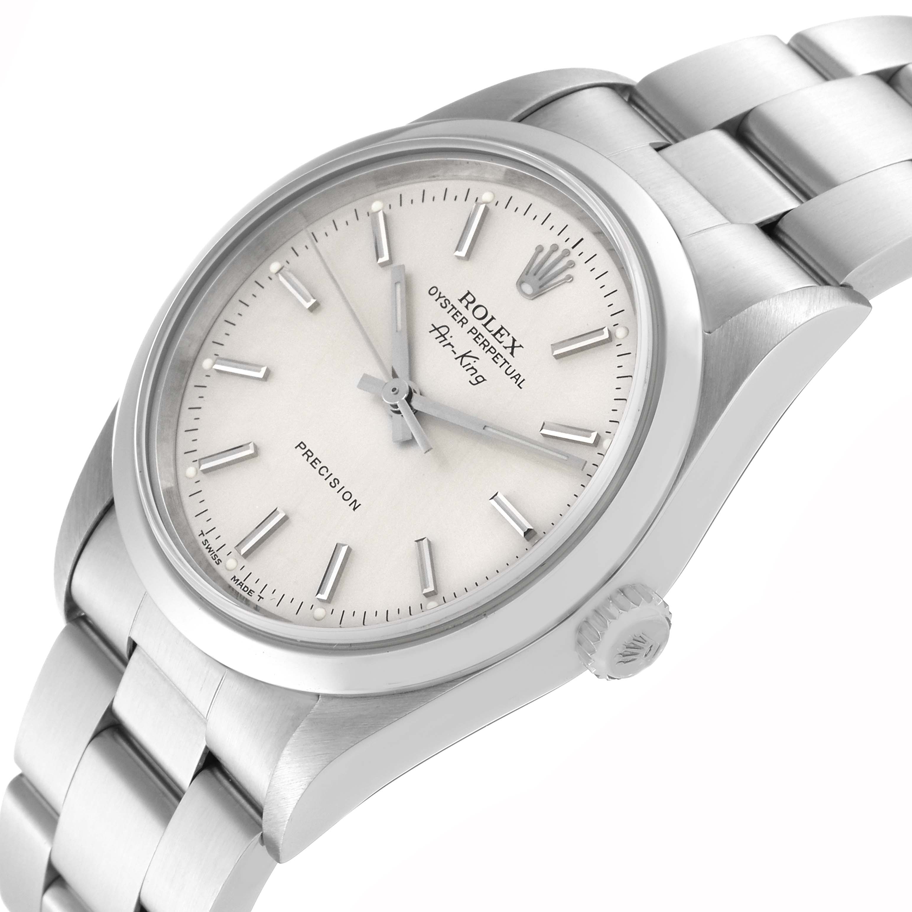 The image shows a close-up, angled view of a Rolex Air-King 14000 Men's Stainless Steel Silver Dial 14000 Men's Stainless Steel Silver Dial watch, highlighting the dial, hands, crown, and bracelet.