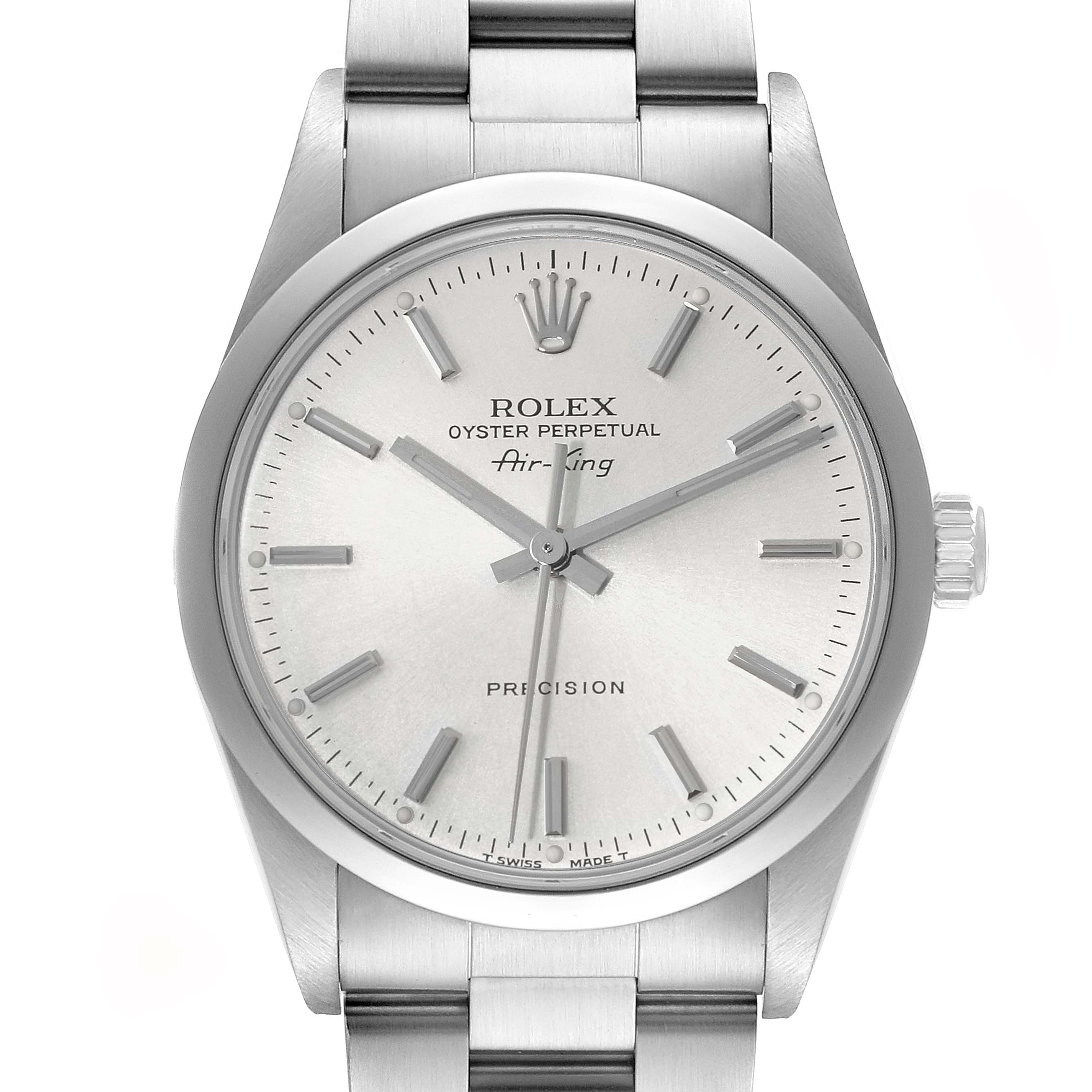 The image shows a front view of the Rolex Air-King 14000 Men's Stainless Steel Silver Dial 14000 Men's Stainless Steel Silver Dial watch, highlighting its dial, hands, crown, and part of the bracelet.
