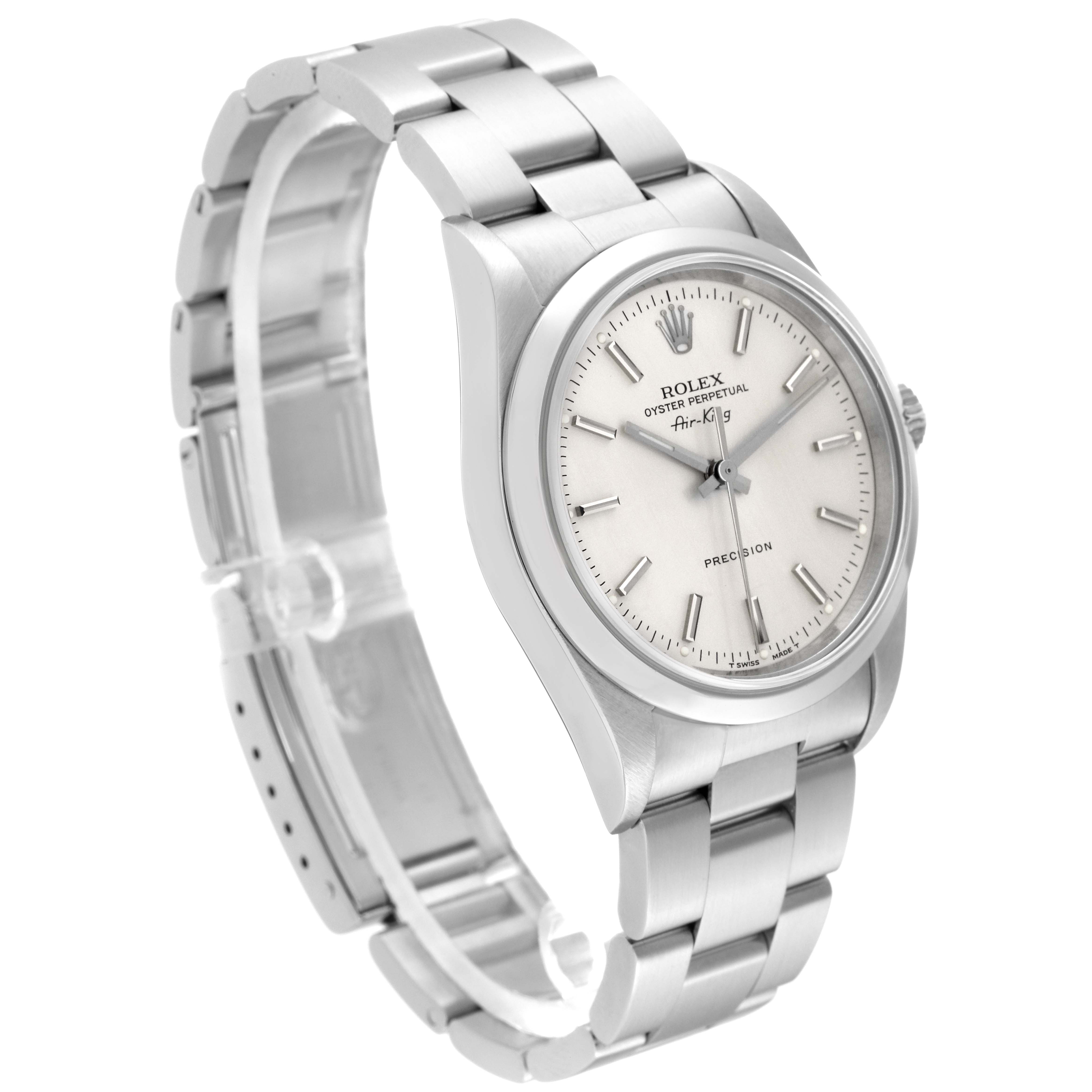 The Rolex Air-King 14000 Men's Stainless Steel Silver Dial 14000 Men's Stainless Steel Silver Dial watch is shown at a three-quarter angle, highlighting the dial, bezel, and bracelet.