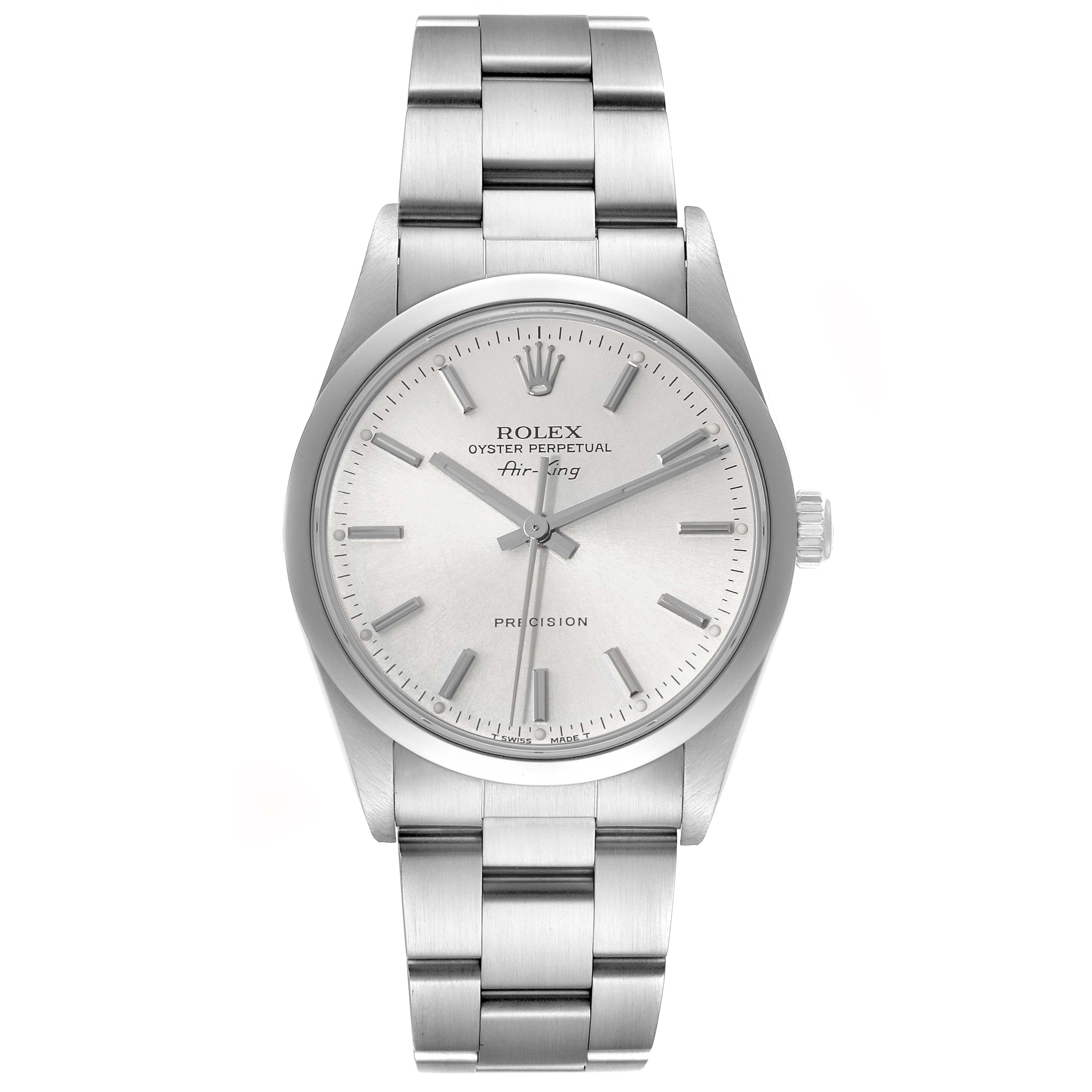 This image shows a front view of a Rolex Air-King 14000 Men's Stainless Steel Silver Dial 14000 Men's Stainless Steel Silver Dial watch, displaying its face, bezel, crown, and bracelet.
