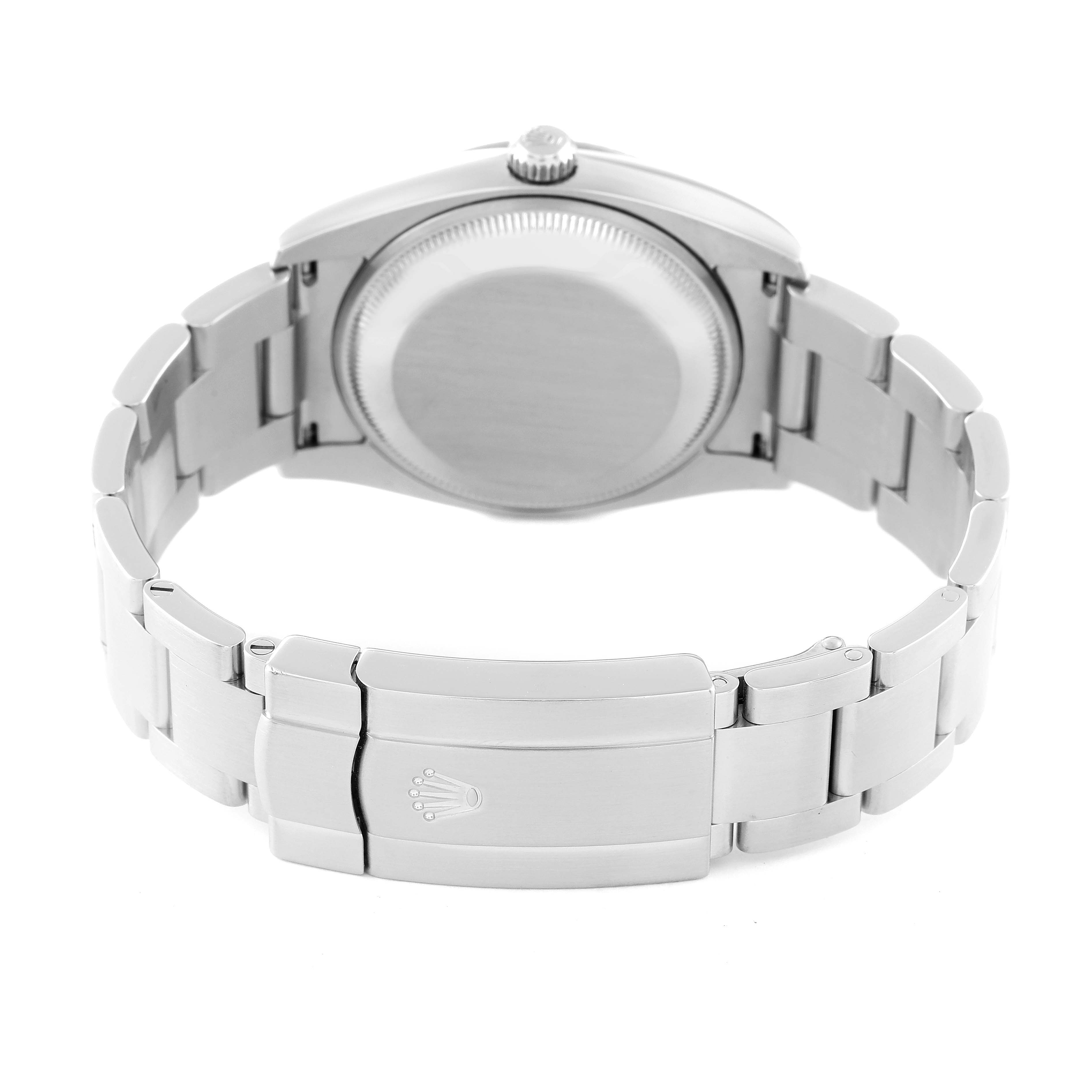 The image shows the back view of a Rolex Air-King 114234 Men's Stainless Steel Blue Dial 114234 Men's Stainless Steel Blue Dial watch, highlighting the clasp, bracelet, and case back.