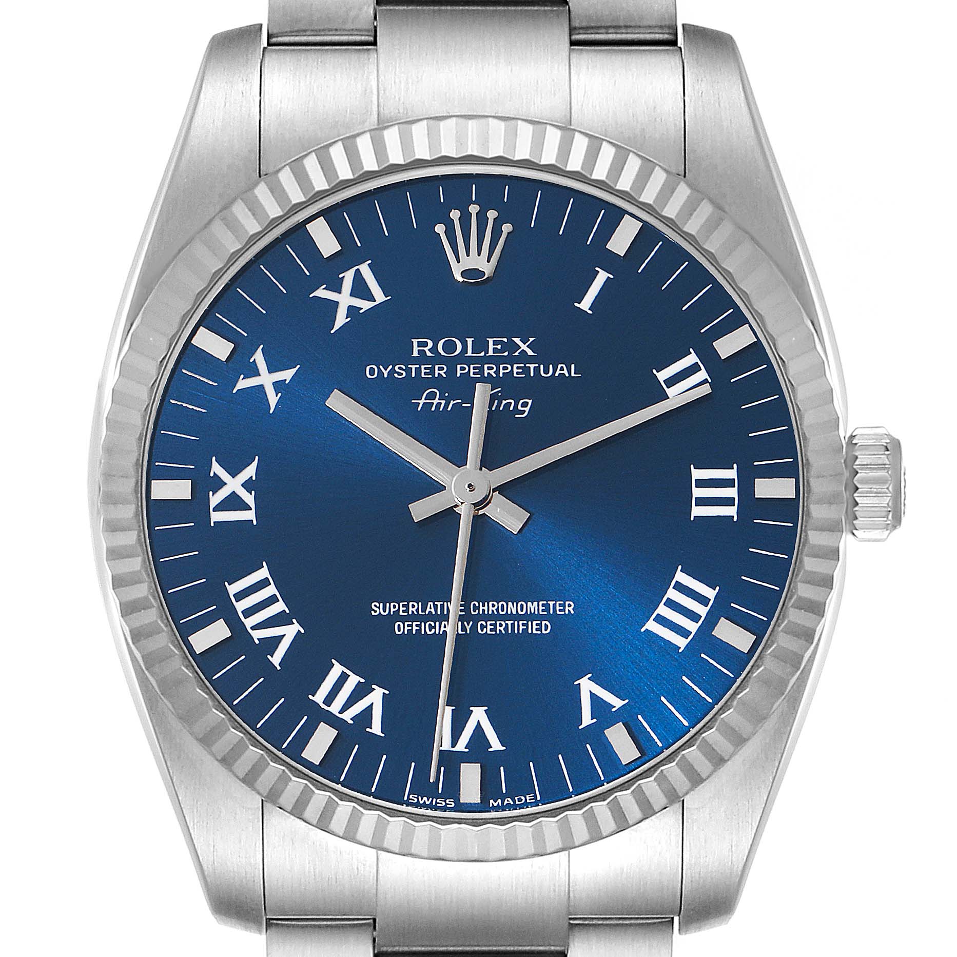 The image shows a Rolex Air-King 114234 Men's Stainless Steel Blue Dial 114234 Men's Stainless Steel Blue Dial watch from a frontal angle, highlighting its blue dial, Roman numerals, and stainless steel bracelet.
