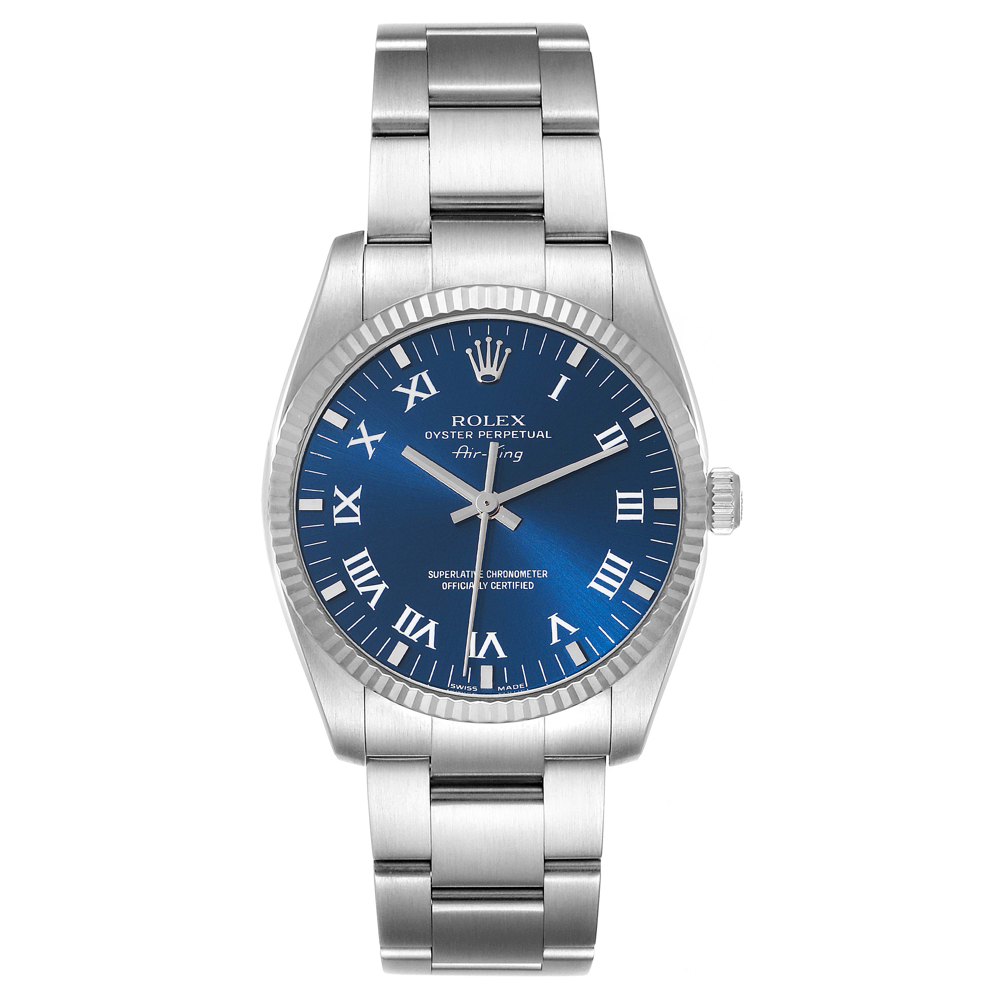 The image shows a front view of a Rolex Air-King 114234 Men's Stainless Steel Blue Dial 114234 Men's Stainless Steel Blue Dial watch, highlighting the blue dial, hour markers, hands, and the metal bracelet.