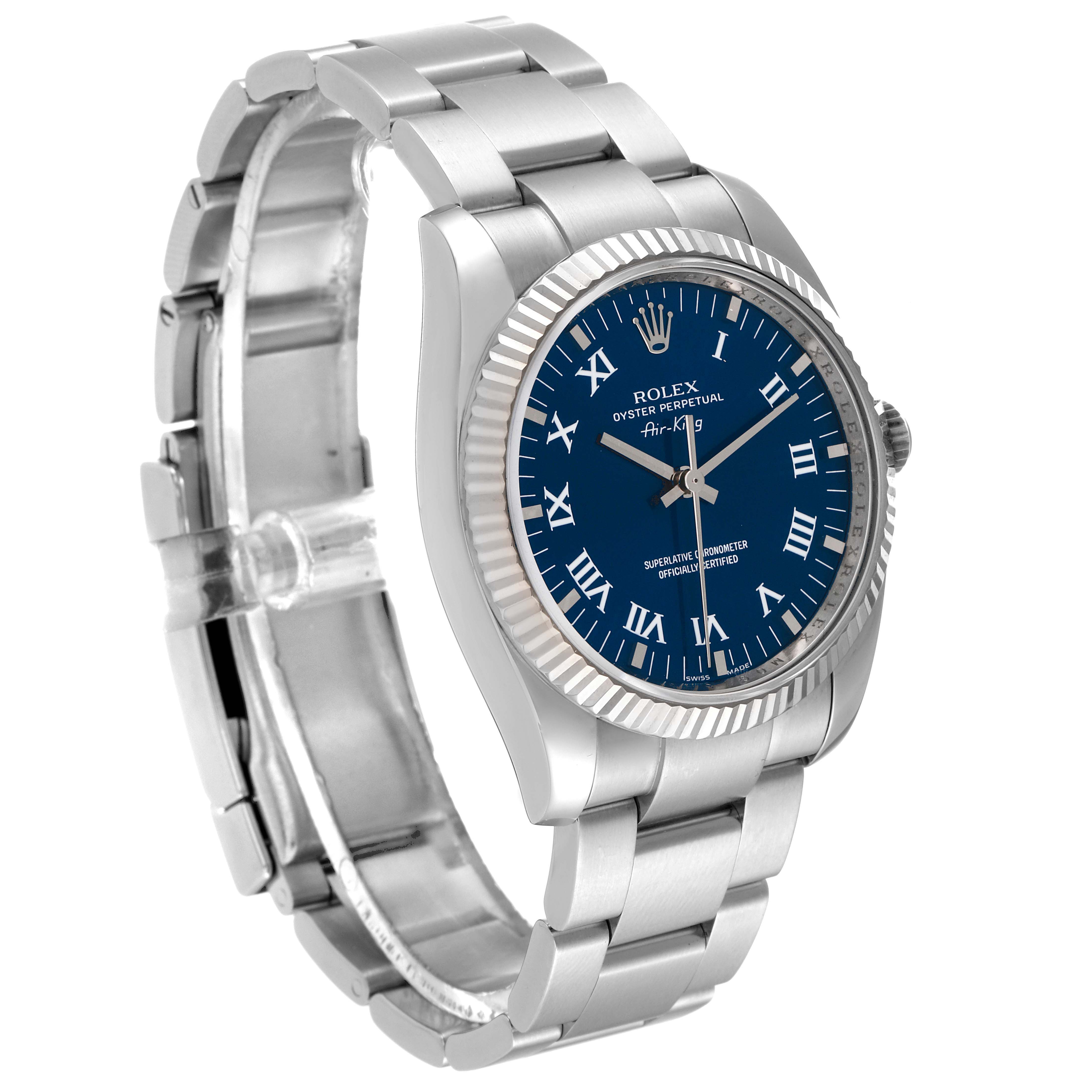 The Rolex Air-King 114234 Men's Stainless Steel Blue Dial 114234 Men's Stainless Steel Blue Dial watch is displayed at a three-quarter angle, showing its blue dial, bezel, bracelet, and clasp.