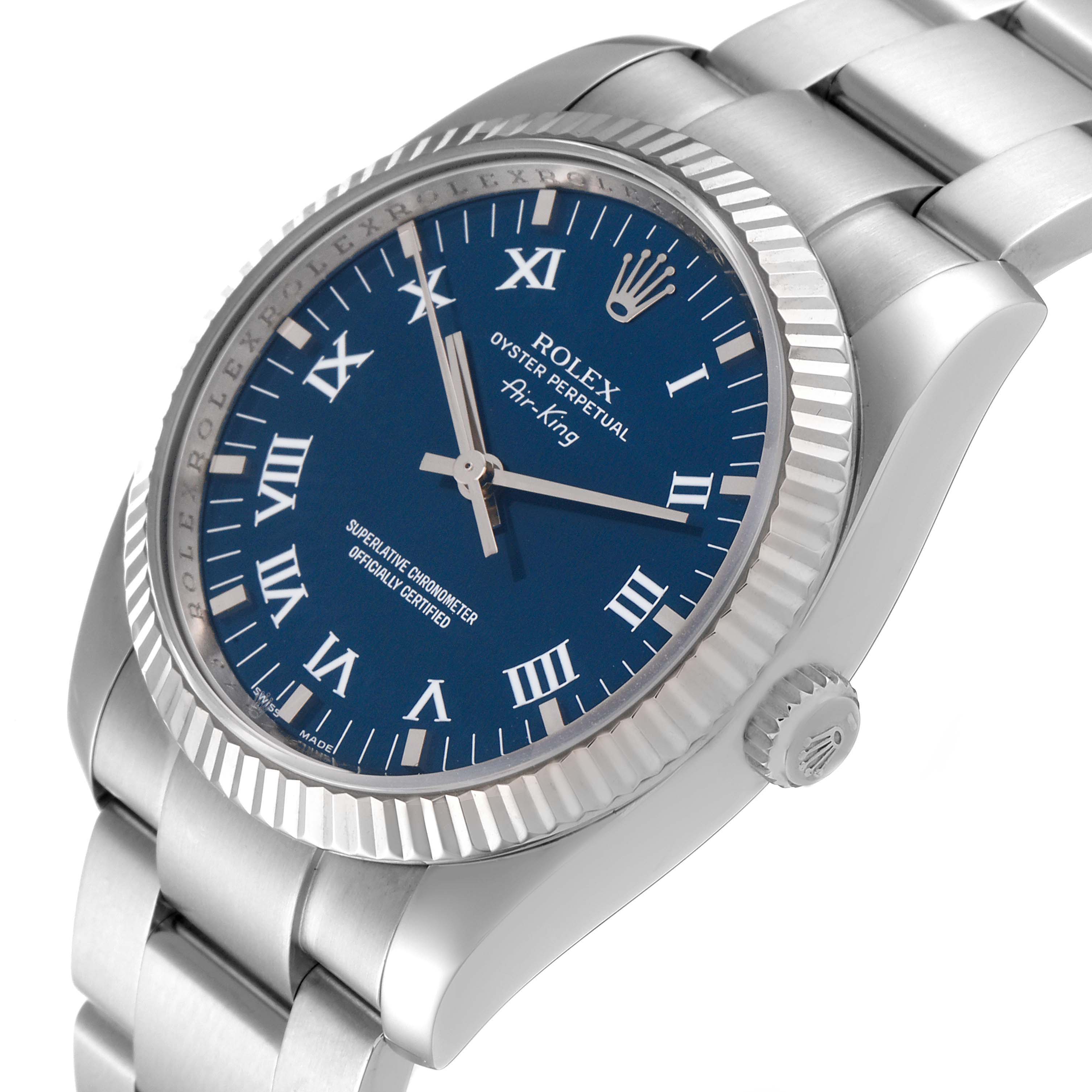 The Rolex Air-King 114234 Men's Stainless Steel Blue Dial 114234 Men's Stainless Steel Blue Dial watch is shown at an angled view highlighting the face, bezel, crown, and part of the bracelet.