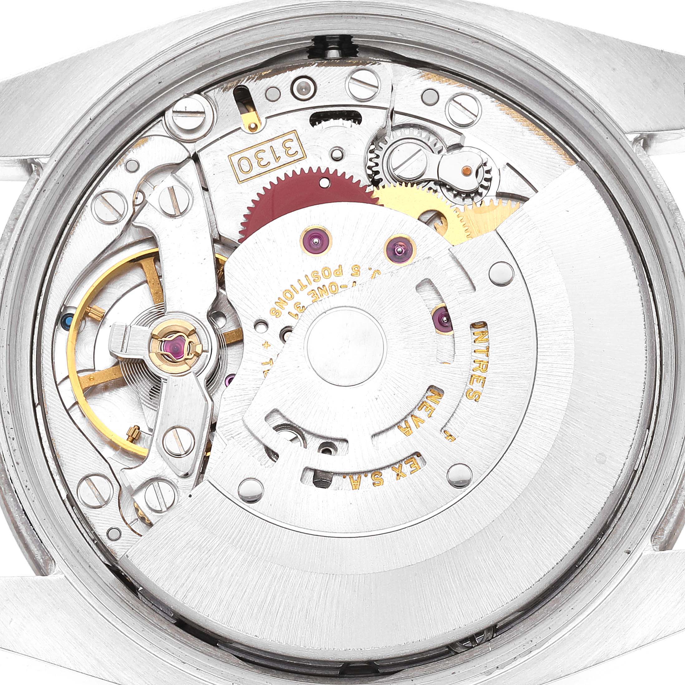 This image shows a close-up of the movement mechanism of a Rolex Air-King 114234 Men's Stainless Steel Blue Dial 114234 Men's Stainless Steel Blue Dial watch.