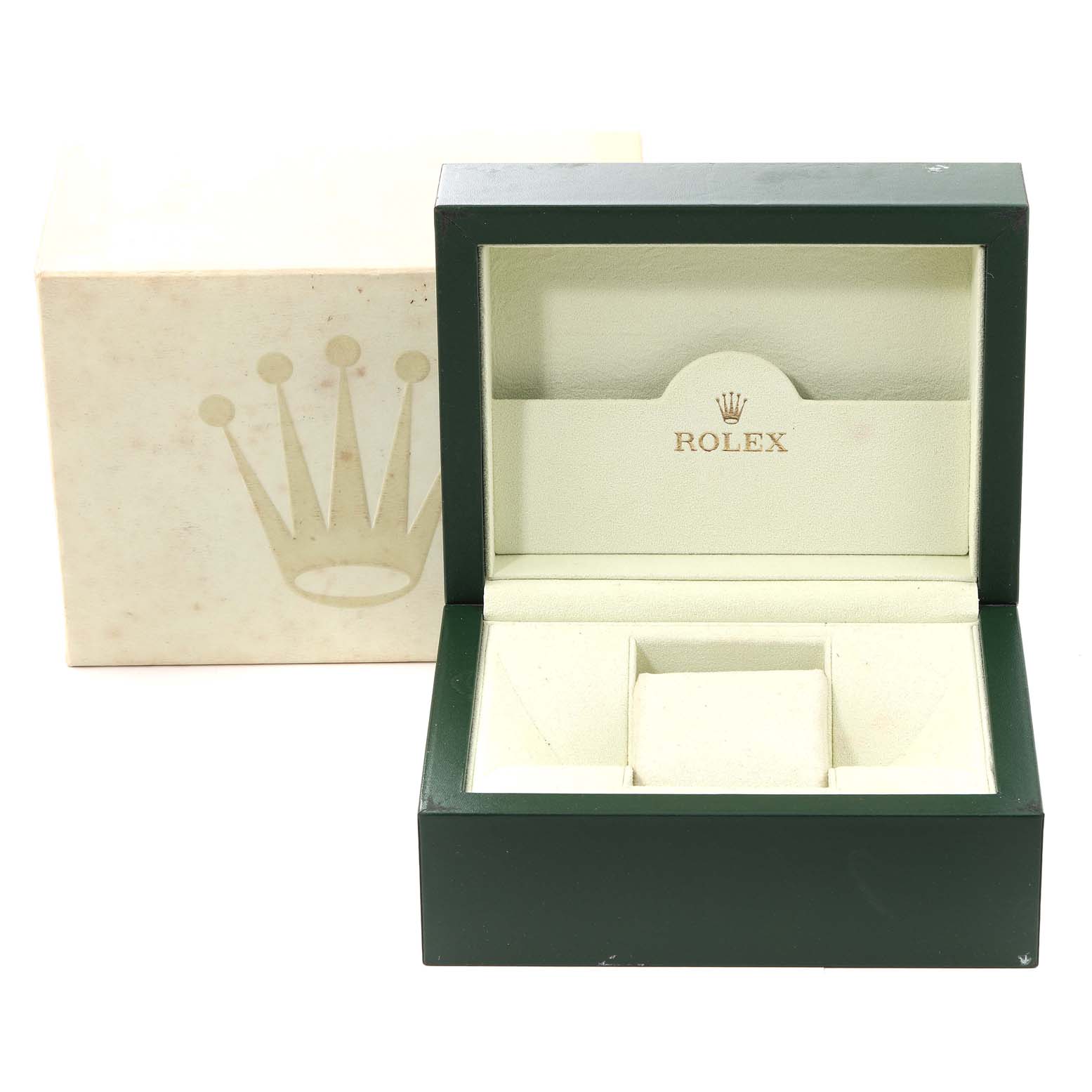 The image shows an open Rolex Air-King 114234 Men's Stainless Steel Blue Dial 114234 Men's Stainless Steel Blue Dial watch box with a visible interior compartment.