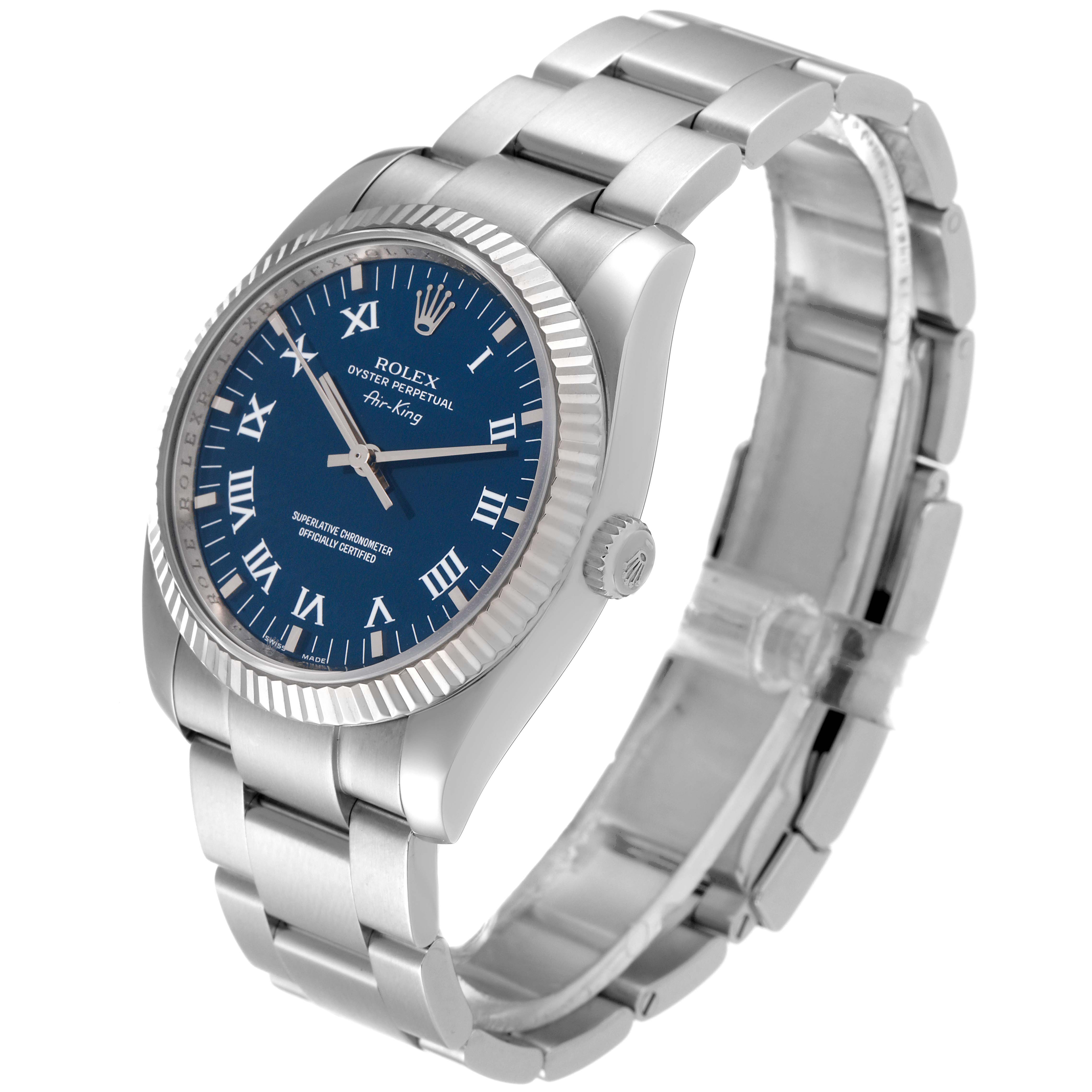 The image shows a Rolex Air-King 114234 Men's Stainless Steel Blue Dial 114234 Men's Stainless Steel Blue Dial watch at an angle with the face, bezel, case, bracelet, and crown visible.