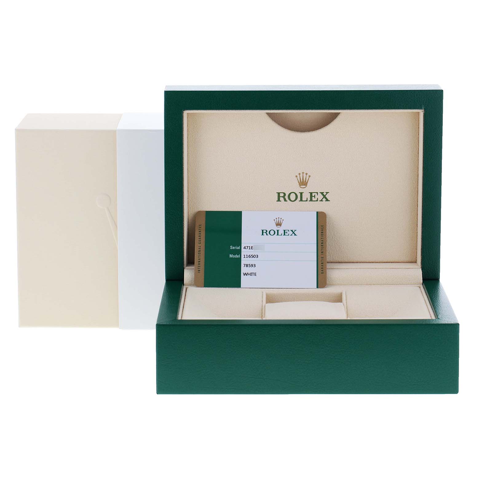The image shows an open Rolex watch box for the Daytona model, including a warranty card and interior compartments.