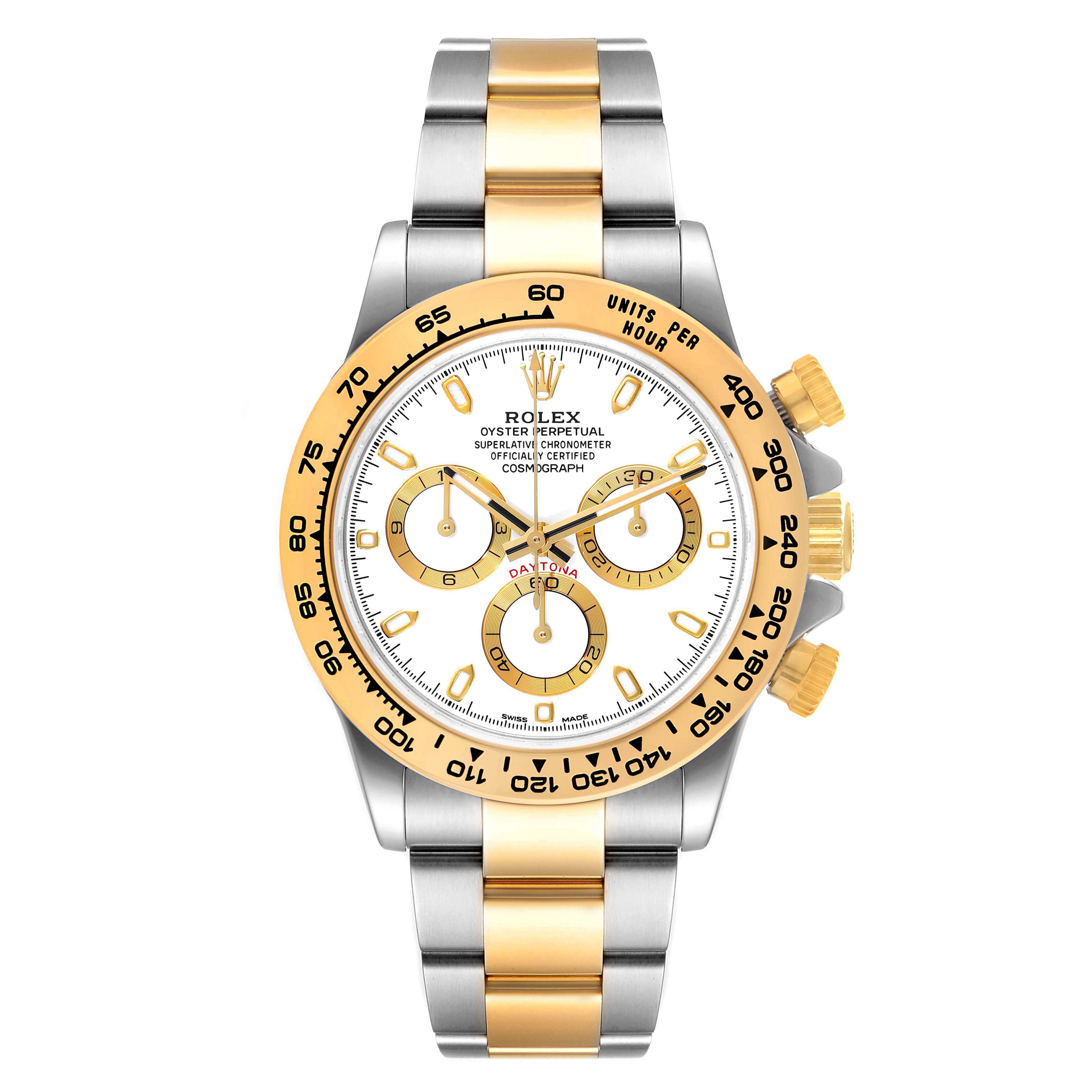 The image shows a front view of a Rolex Daytona 116503 Men's Steel and Gold (two tone) White Dial 116503 Men's Steel and Gold (two tone) White Dial watch with a gold and silver bracelet, gold bezel, and white dial.