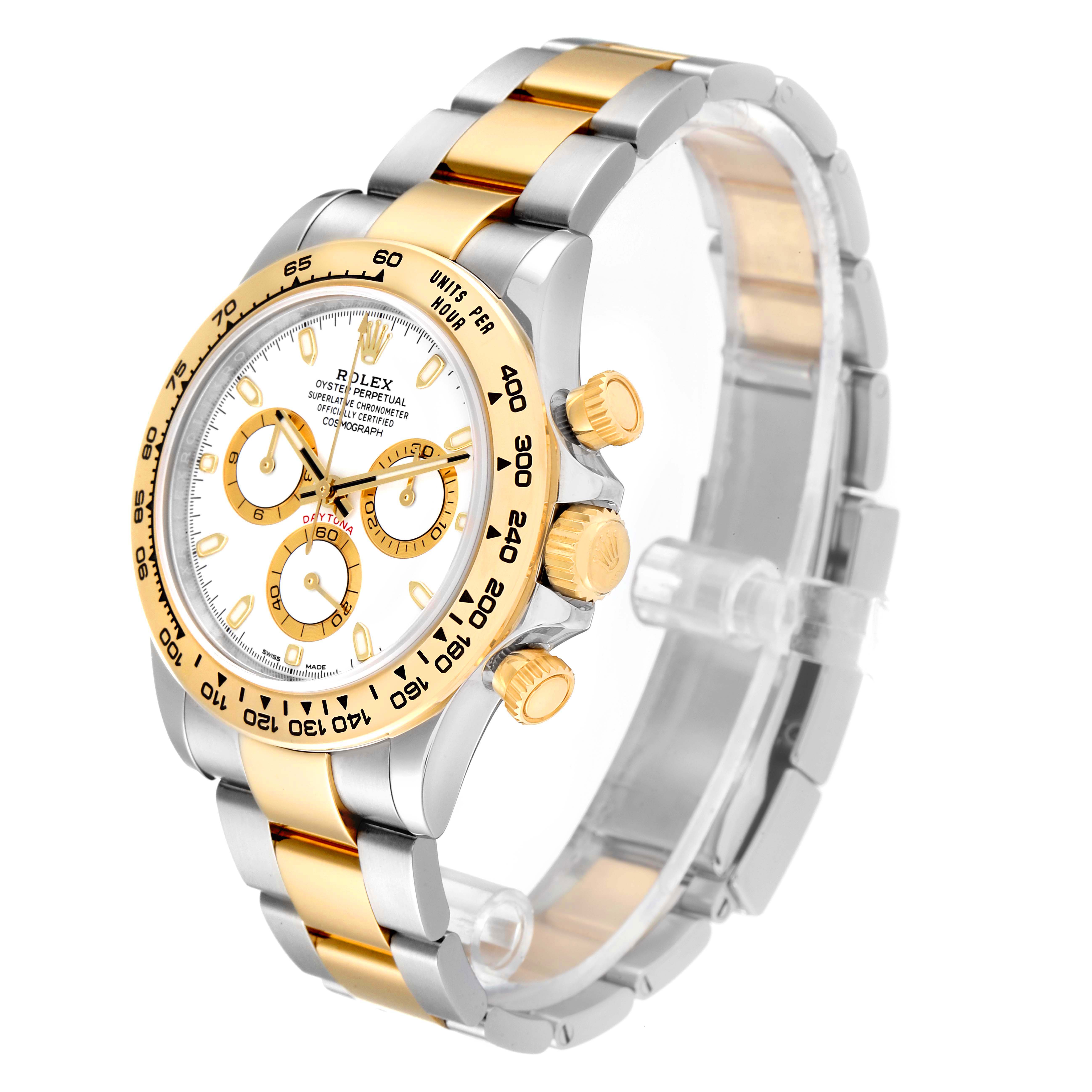 The image shows a Rolex Daytona 116503 Men's Steel and Gold (two tone) White Dial 116503 Men's Steel and Gold (two tone) White Dial watch at a three-quarter angle, highlighting its gold bezel, dials, and two-tone stainless steel and gold bracelet.