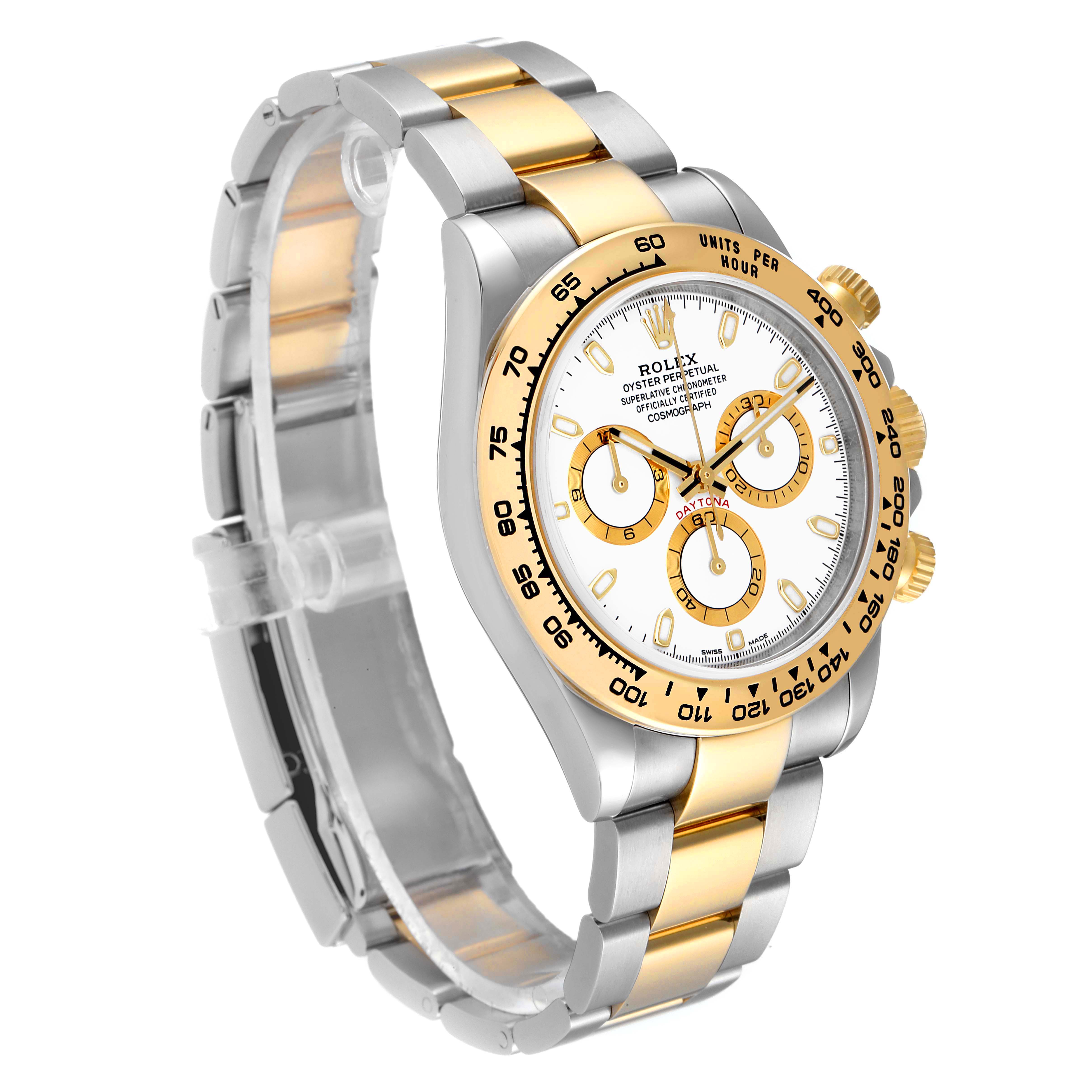 This Rolex Daytona 116503 Men's Steel and Gold (two tone) White Dial 116503 Men's Steel and Gold (two tone) White Dial watch is shown at a slight angle, highlighting its gold bezel, bracelet, dial, and side pushers.