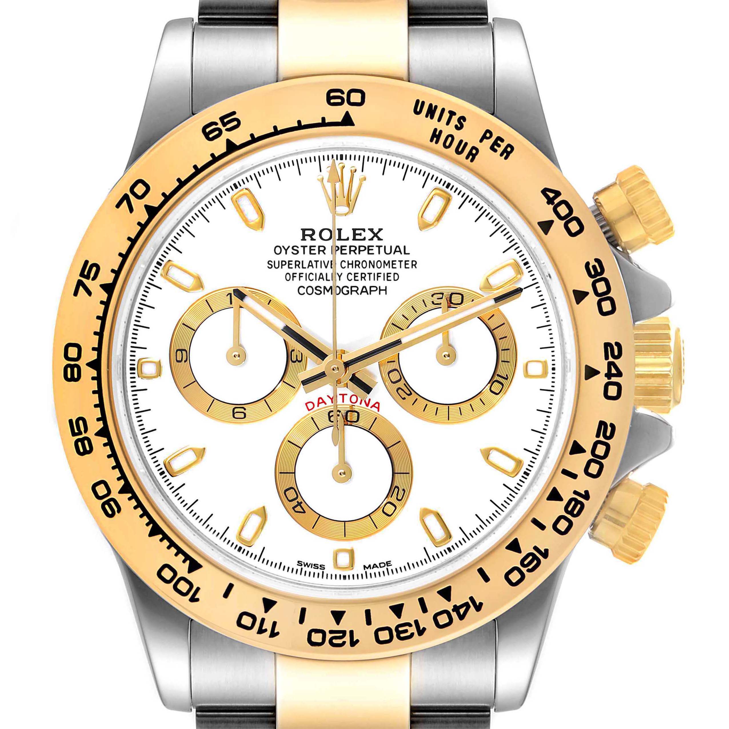 This image shows a close-up of the Rolex Daytona 116503 Men's Steel and Gold (two tone) White Dial 116503 Men's Steel and Gold (two tone) White Dial watch face, including the bezel, dials, and part of the bracelet.
