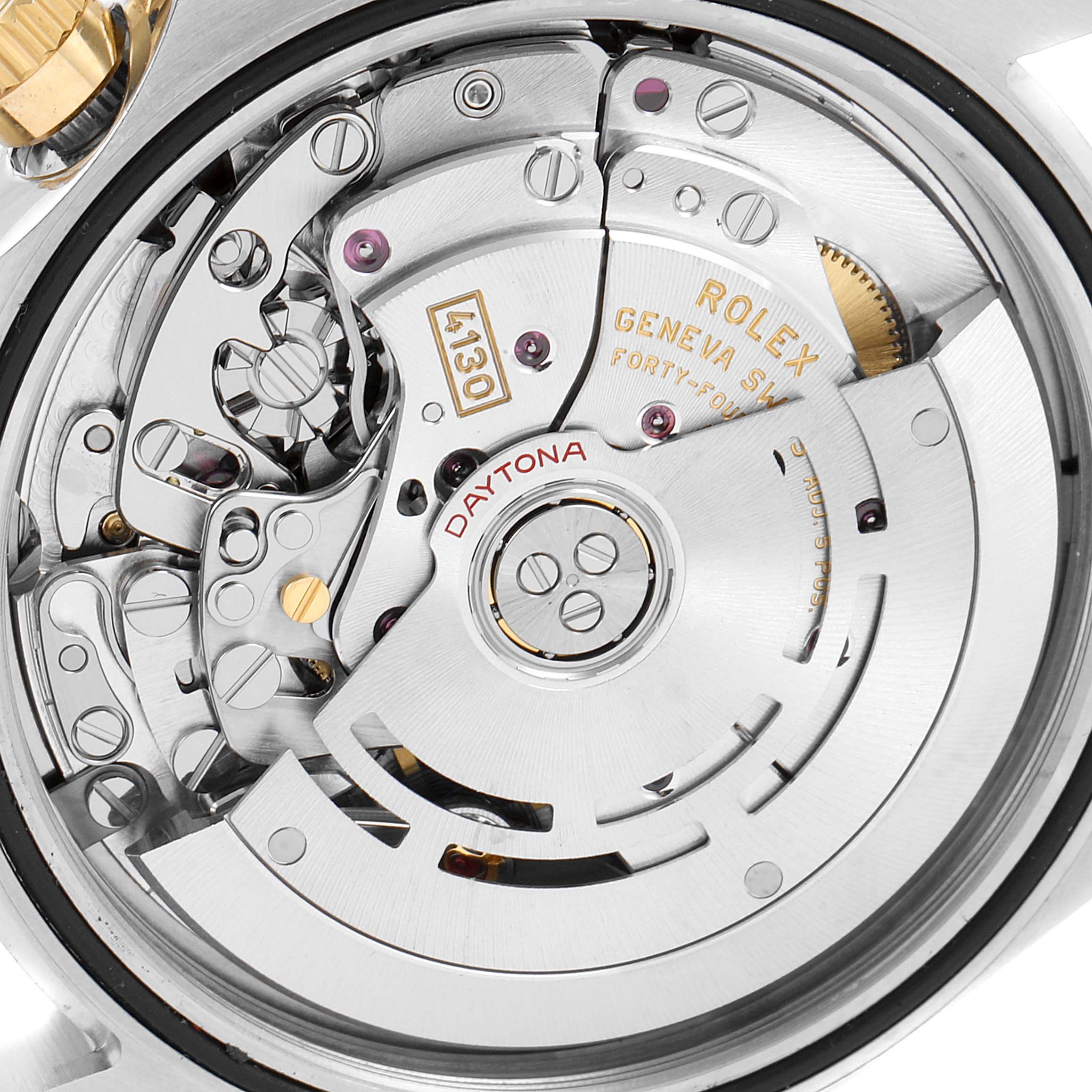 This image shows a close-up view of the movement mechanism inside a Rolex Daytona 116503 Men's Steel and Gold (two tone) White Dial 116503 Men's Steel and Gold (two tone) White Dial watch.