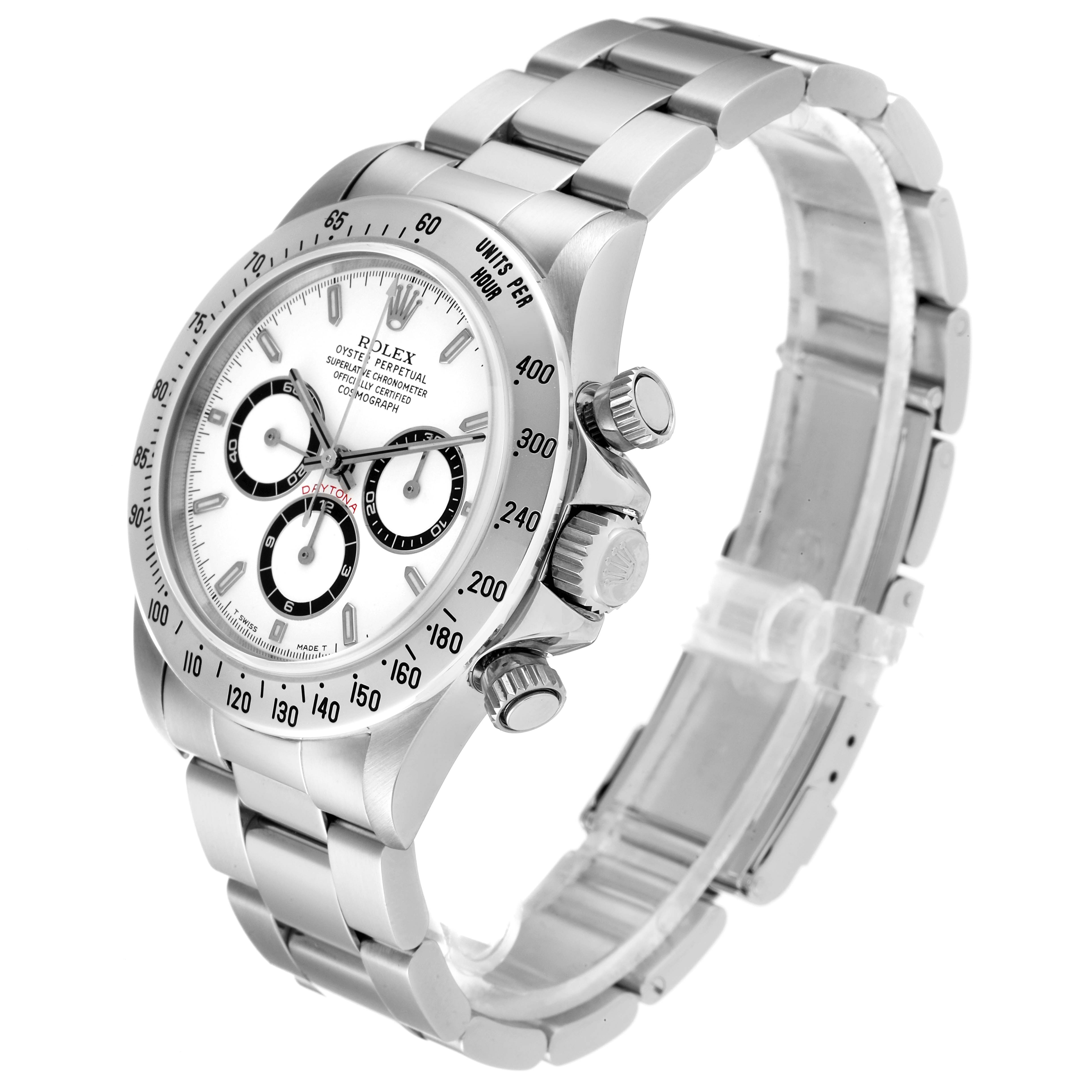 The image shows a side angle view of a Rolex Daytona 16520 Men's Stainless Steel White Dial 16520 Men's Stainless Steel White Dial watch, highlighting the face, dial, bezel, and bracelet.