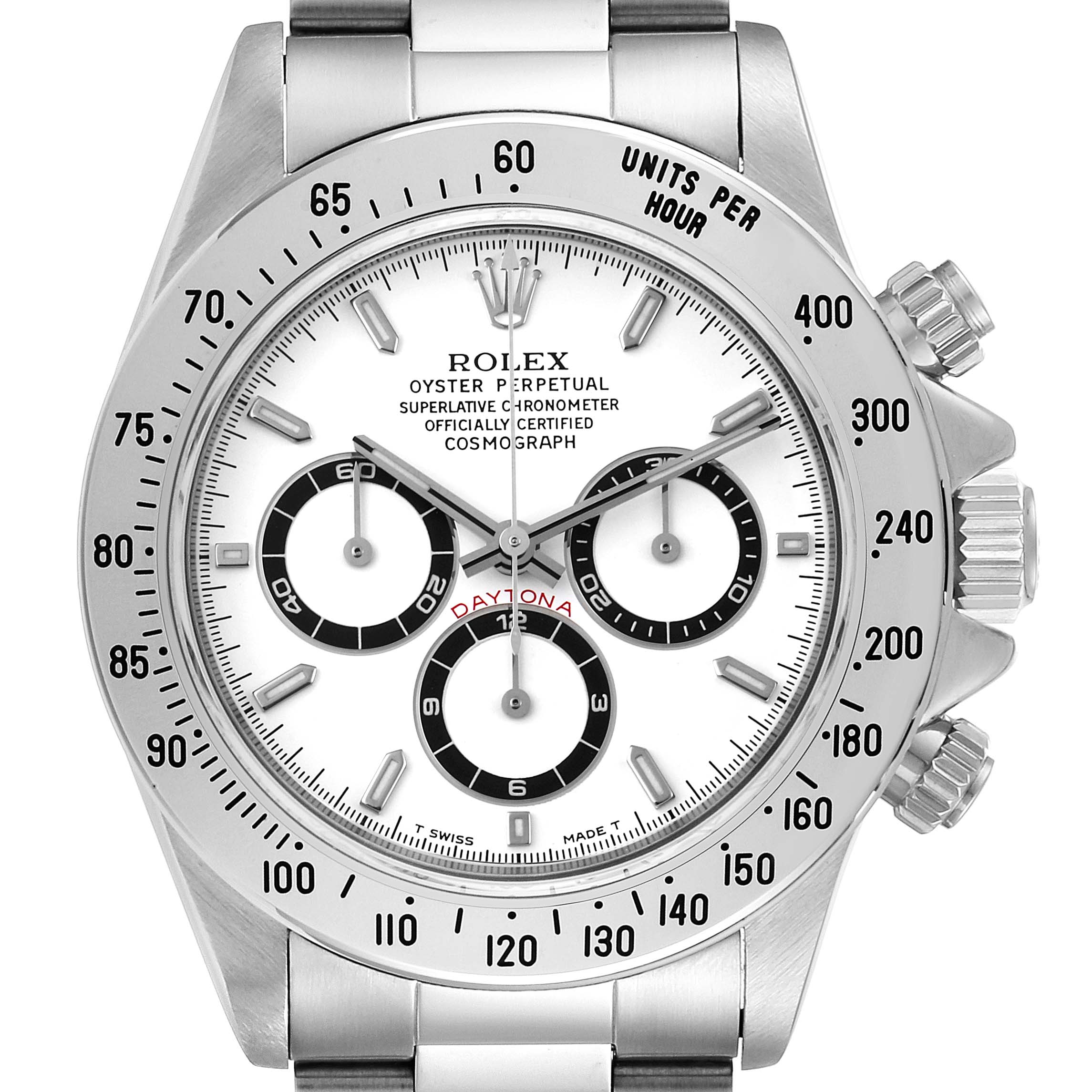 The image shows a front view of a Rolex Daytona 16520 Men's Stainless Steel White Dial 16520 Men's Stainless Steel White Dial watch, highlighting the face, bezel, subdials, and part of the bracelet.