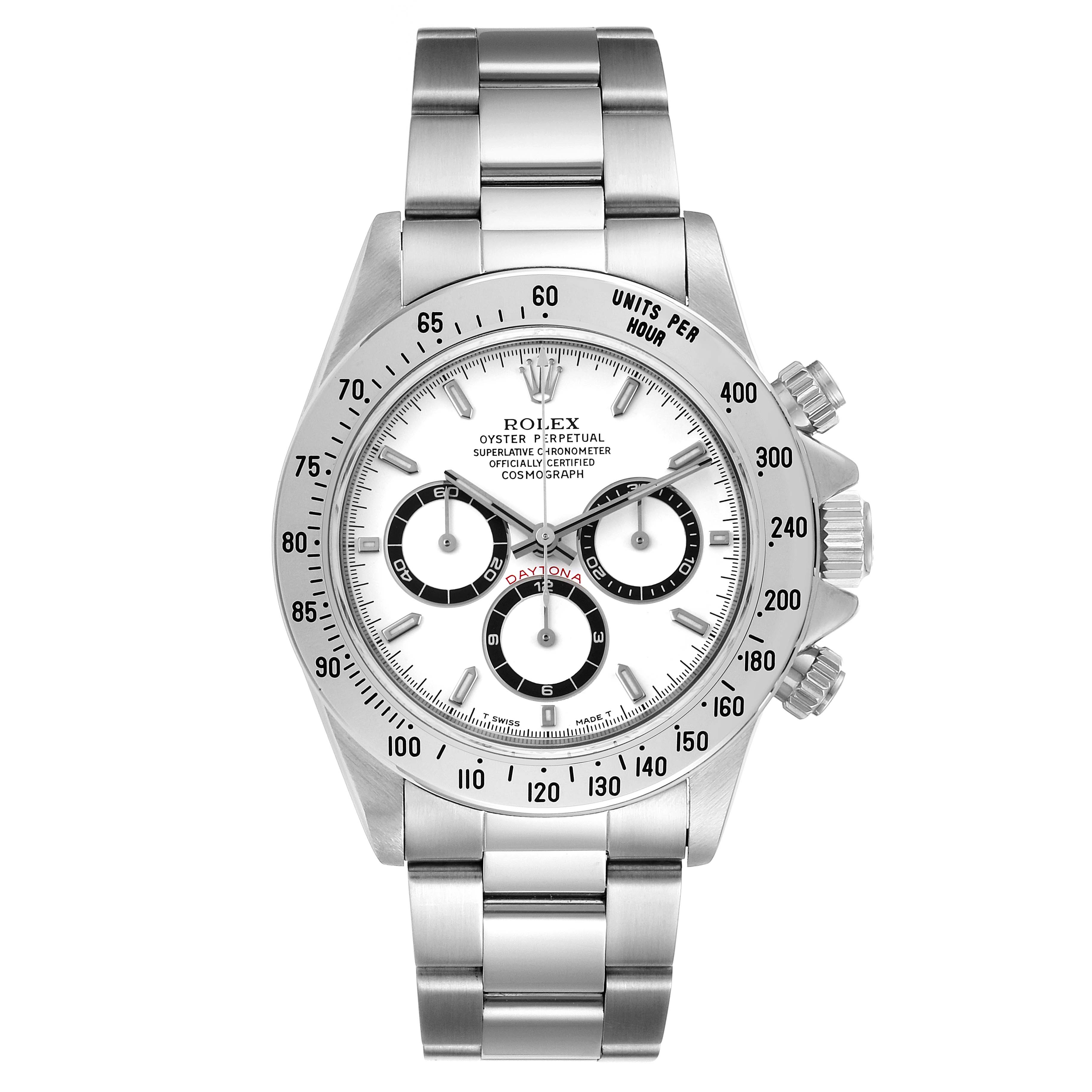 This Rolex Daytona 16520 Men's Stainless Steel White Dial 16520 Men's Stainless Steel White Dial watch is shown from the front, highlighting its face, bezel, and bracelet.