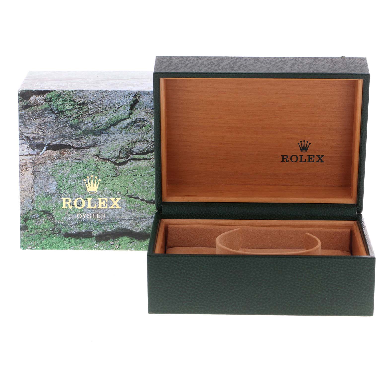 The image shows an open Rolex Daytona 16520 Men's Stainless Steel White Dial 16520 Men's Stainless Steel White Dial watch box and its exterior packaging.