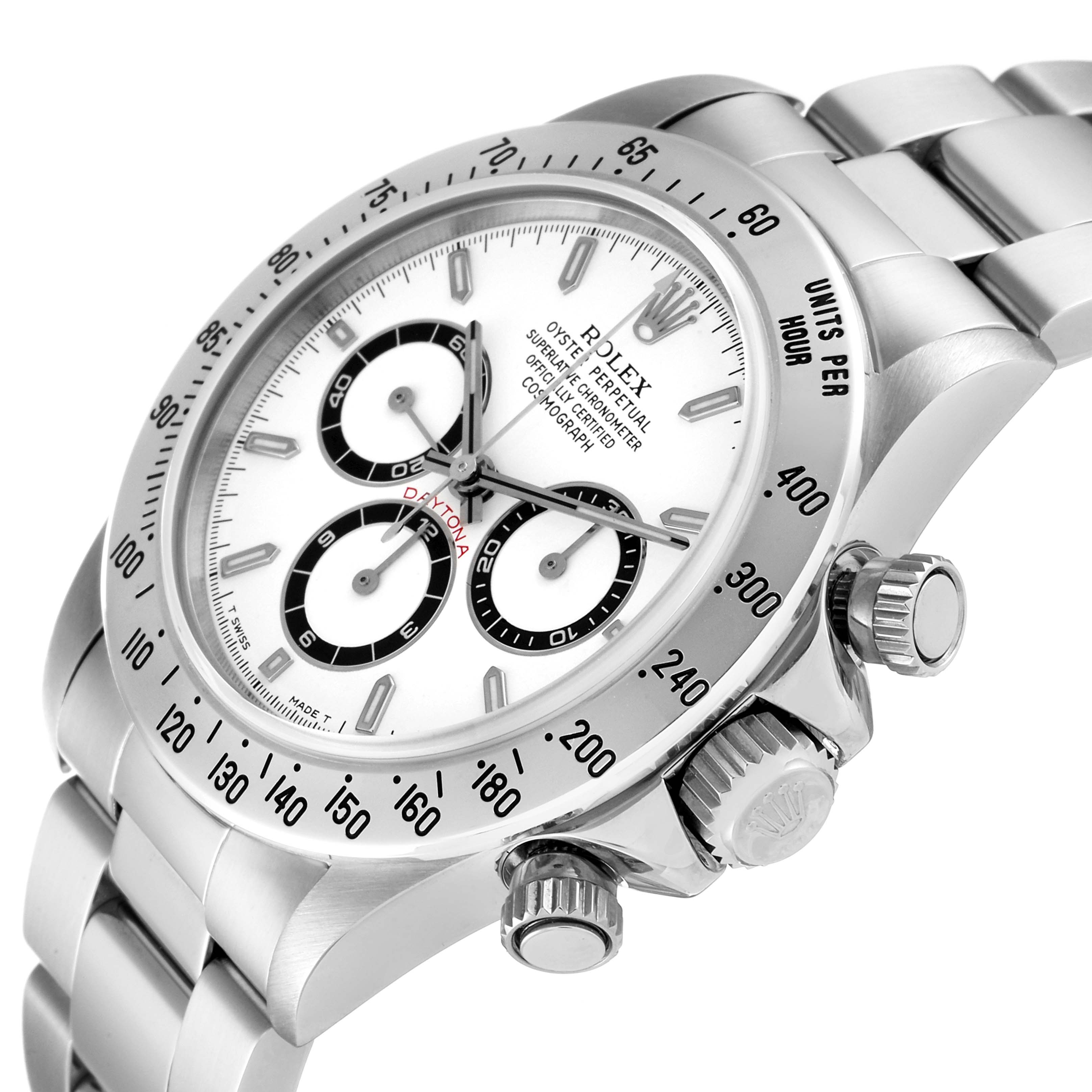 This image shows a close-up angle of the dial, bezel, and crown of a Rolex Daytona 16520 Men's Stainless Steel White Dial 16520 Men's Stainless Steel White Dial watch.