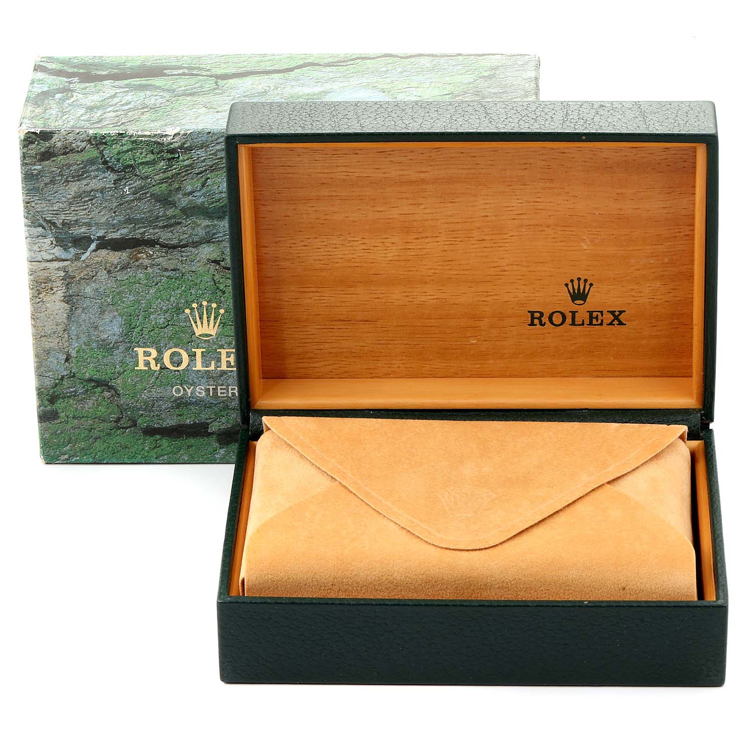 The image shows the packaging for a Rolex Date 15200 Men's Stainless Steel Black Dial 15200 Men's Stainless Steel Black Dial model, featuring an open box with an outer green sleeve and an interior brown pouch.