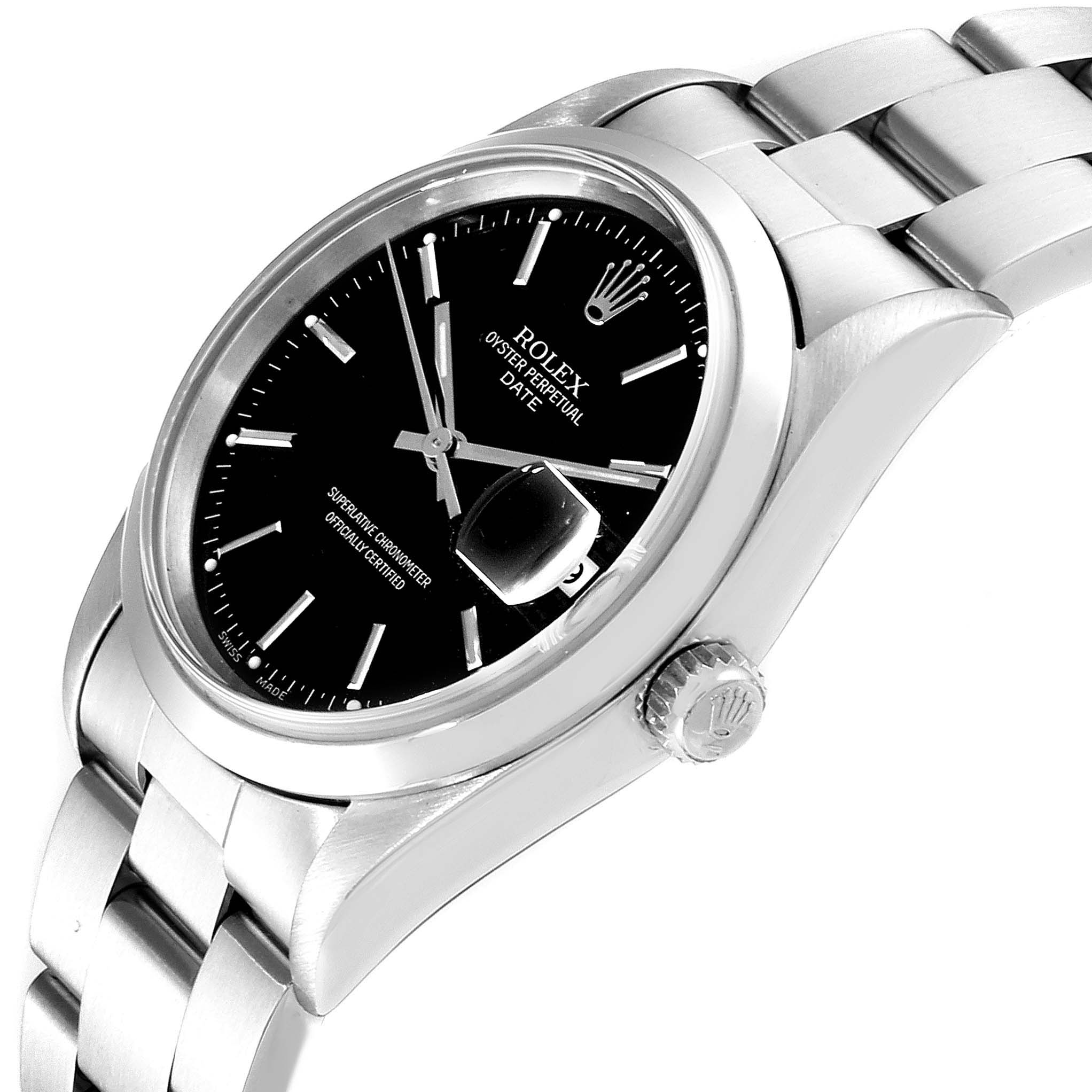 This image shows a Rolex Date 15200 Men's Stainless Steel Black Dial 15200 Men's Stainless Steel Black Dial model watch at an oblique angle, highlighting the watch face, bezel, crown, and bracelet.