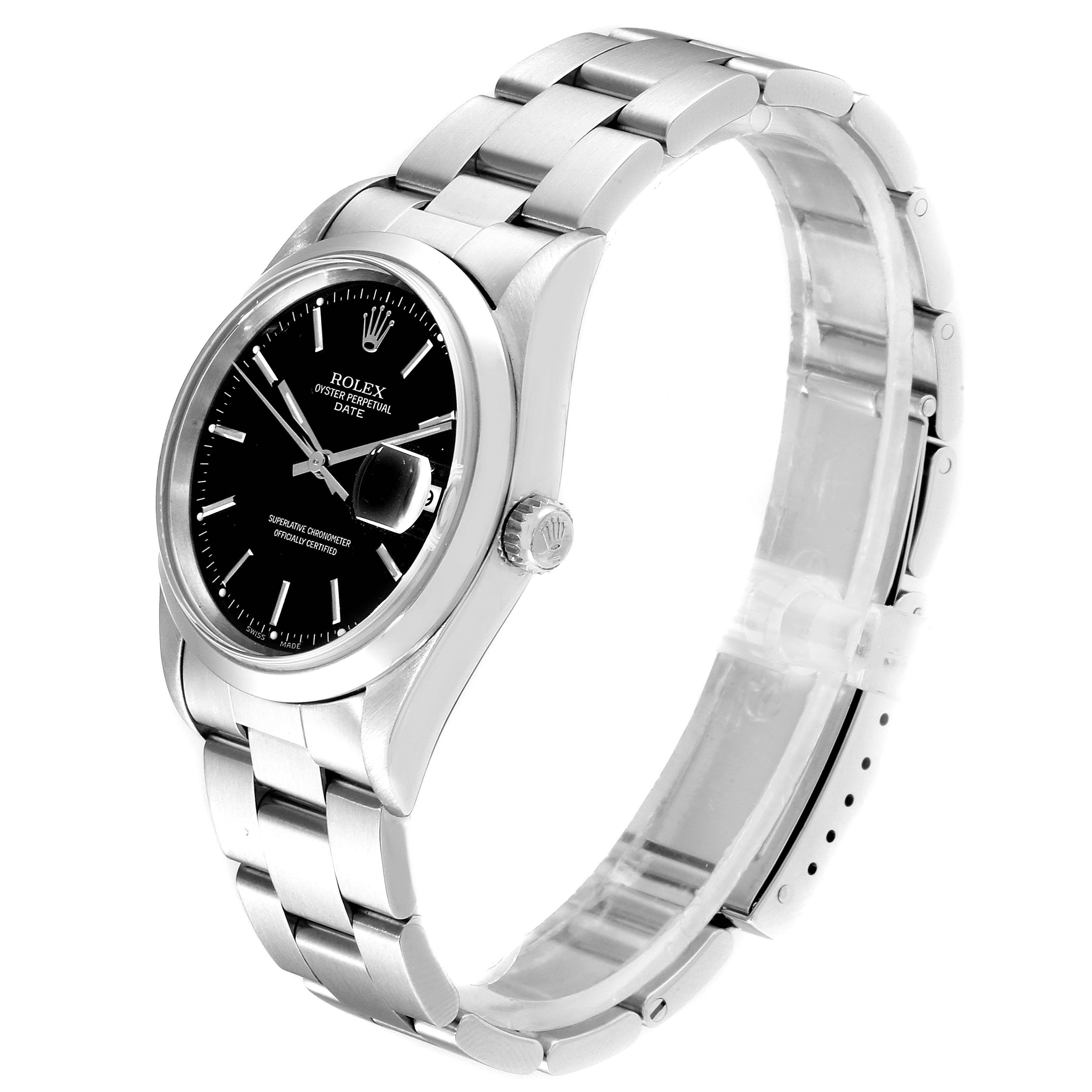 The image shows a Rolex Date 15200 Men's Stainless Steel Black Dial 15200 Men's Stainless Steel Black Dial model watch angled to display the face, bezel, crown, and part of the bracelet.