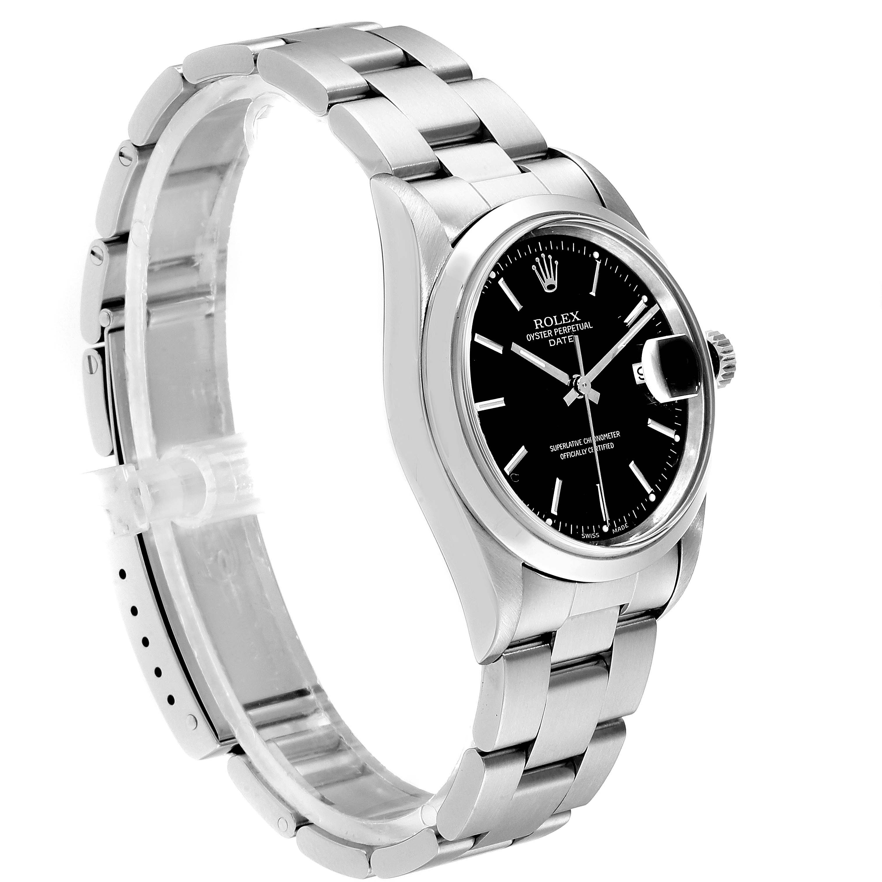 This image shows a Rolex Date 15200 Men's Stainless Steel Black Dial 15200 Men's Stainless Steel Black Dial model watch at a three-quarter angle, highlighting the bracelet and face.