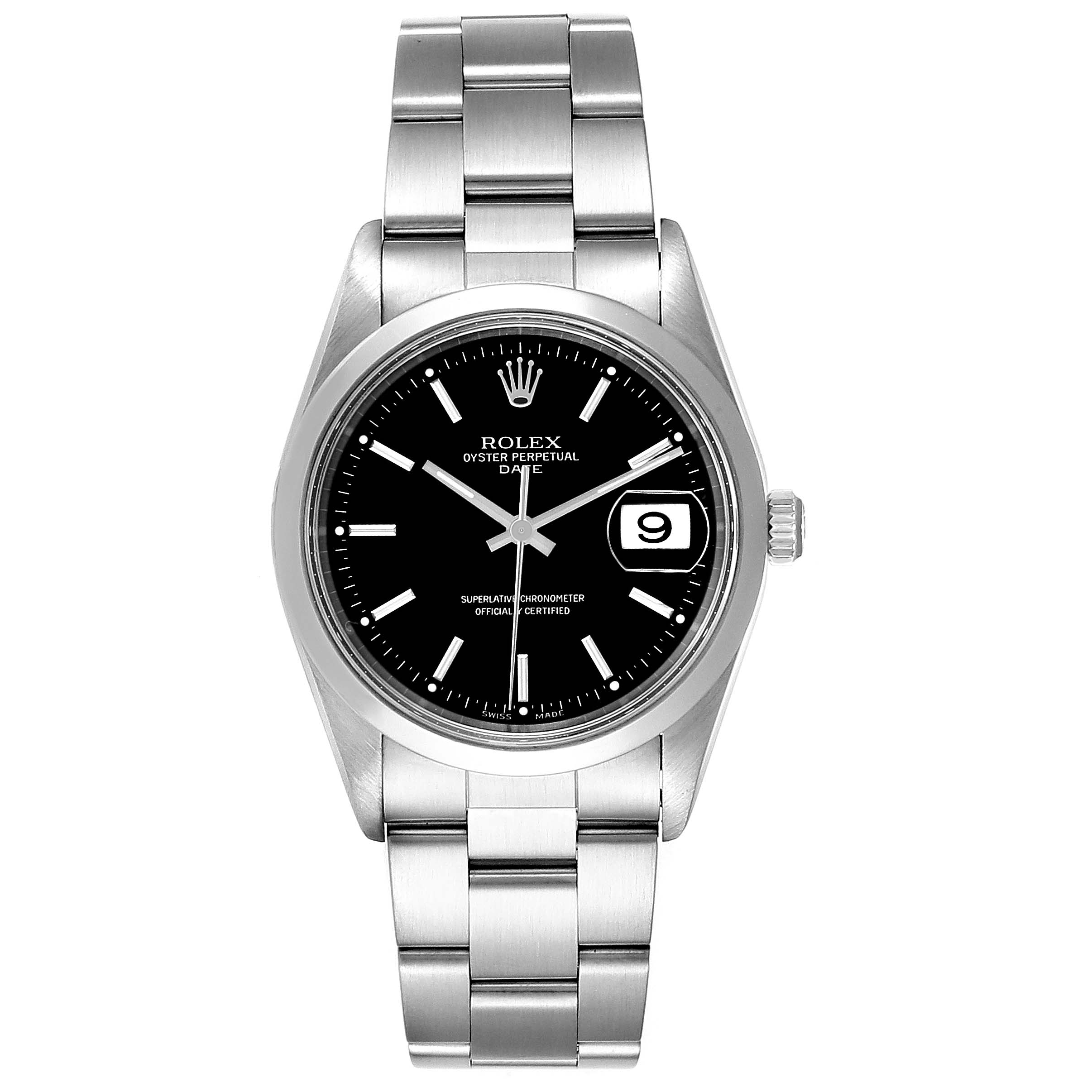This image shows a Rolex Date 15200 Men's Stainless Steel Black Dial 15200 Men's Stainless Steel Black Dial model watch from a front view, featuring its dial, bezel, and bracelet.