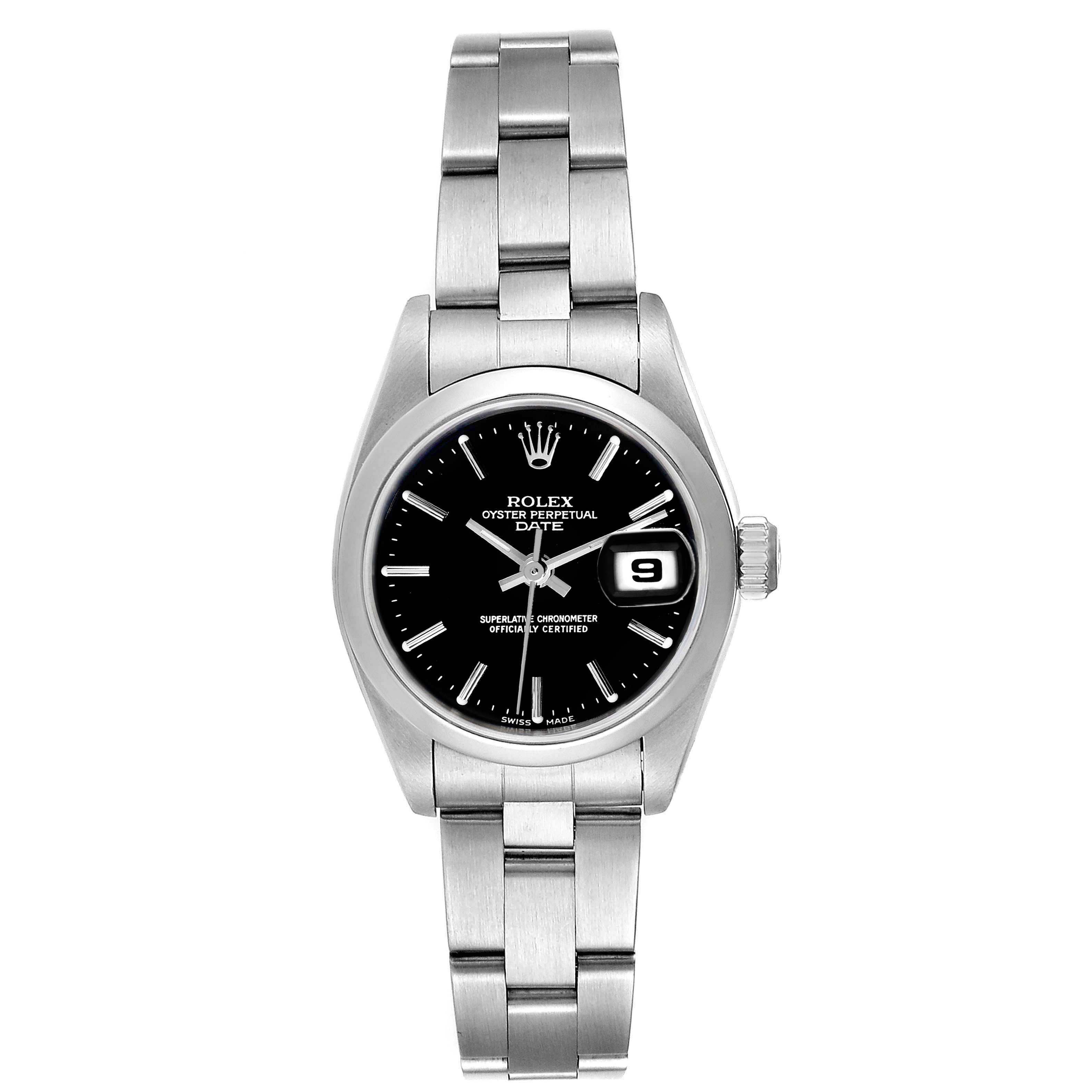 The Rolex Date 69160 Women's Stainless Steel Black Dial 69160 Women's Stainless Steel Black Dial model watch is shown from a top-down angle, displaying the face, bezel, bracelet, and crown.