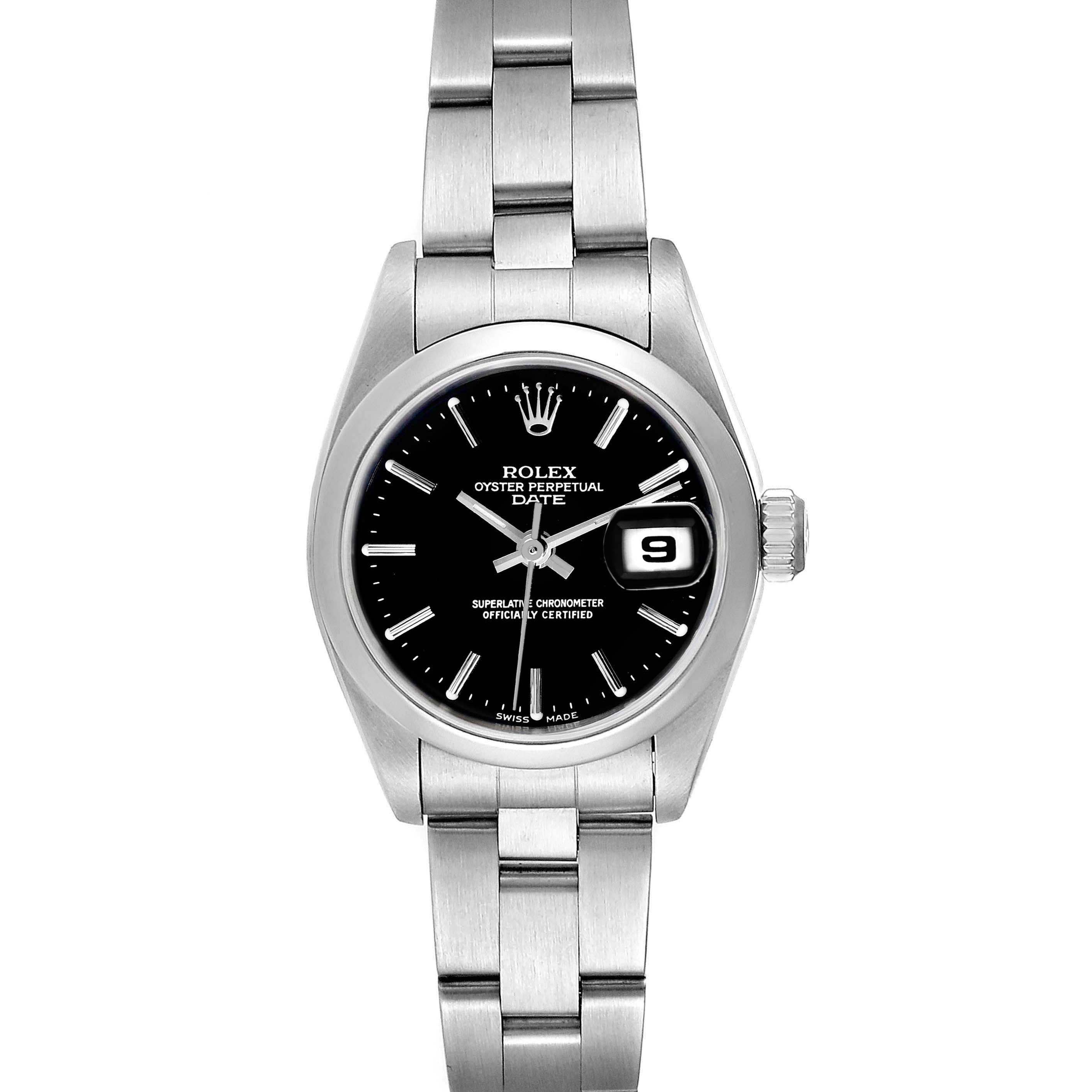 The Rolex Date 69160 Women's Stainless Steel Black Dial 69160 Women's Stainless Steel Black Dial watch is shown from a front view, displaying the dial, bezel, bracelet, crown, and date window.