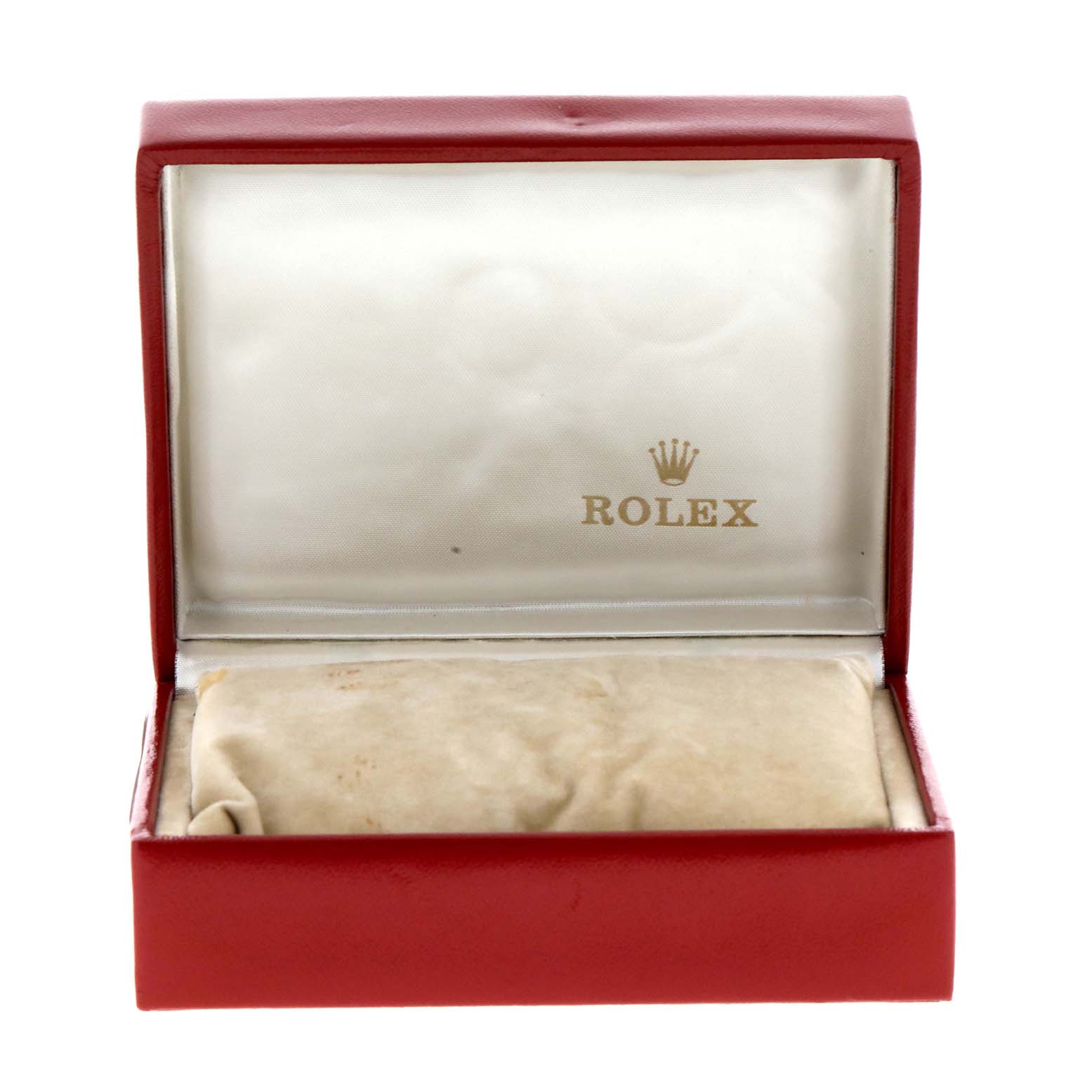 The image shows an open red Rolex watch box for the Date model, displaying the interior with the logo but no watch visible.