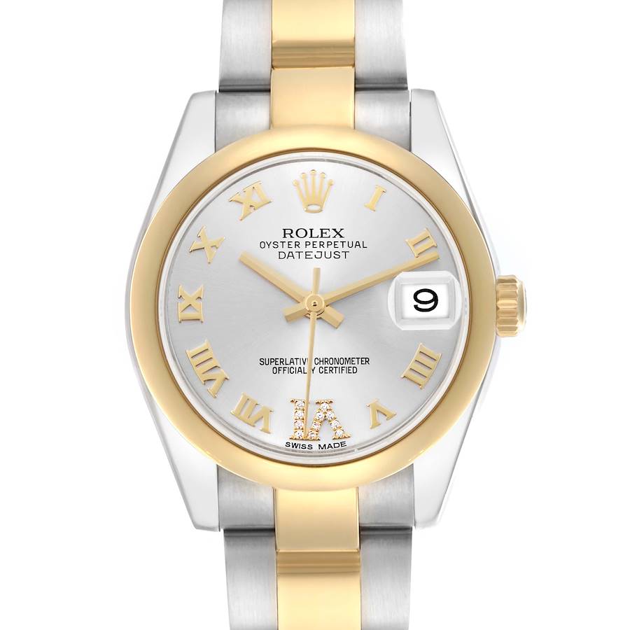 The Rolex Mid-Size Datejust watch is shown from a front angle, highlighting the dial, bezel, crown, and band.