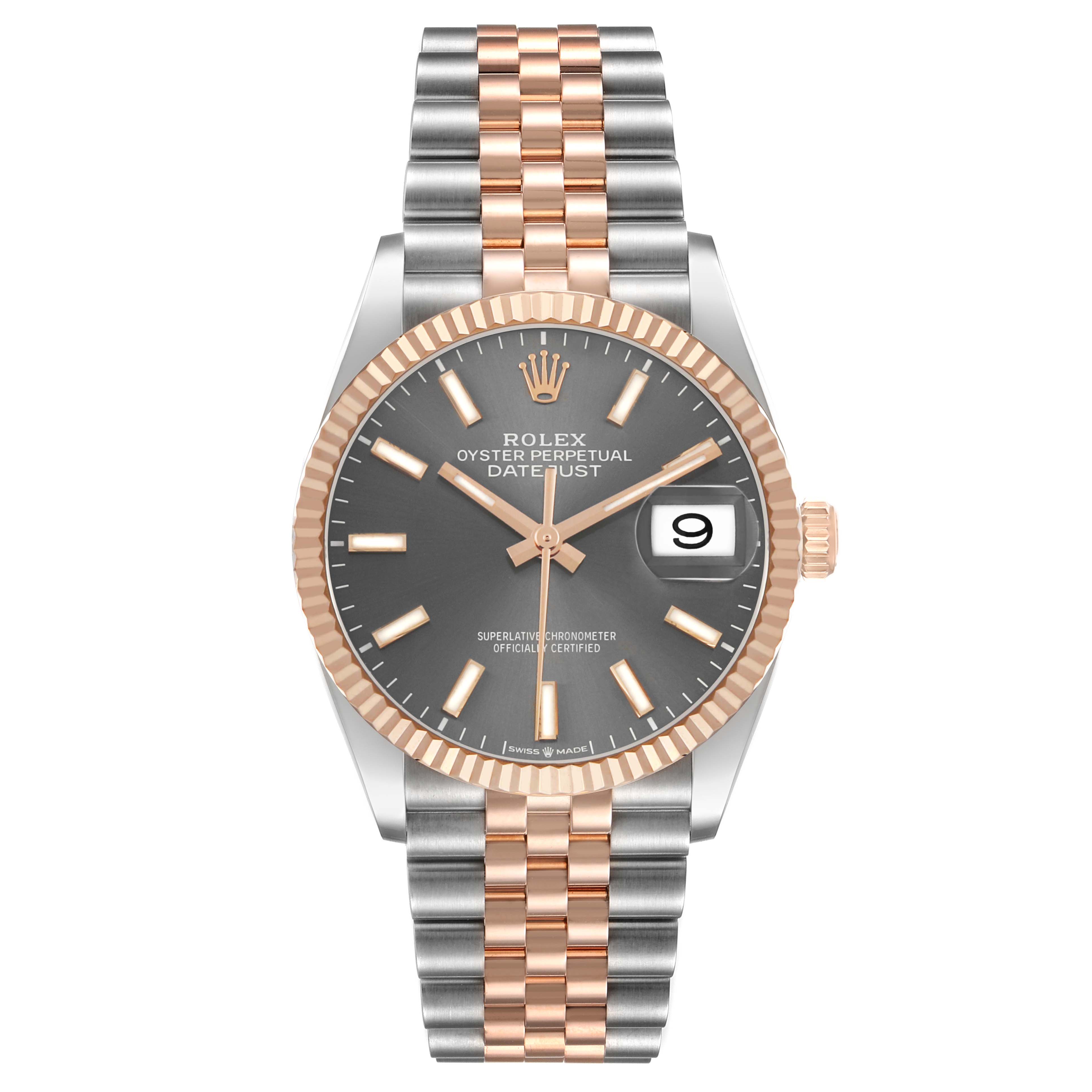 The Rolex Datejust 126231 Men's Steel and Gold (two tone) Grey Dial watch is shown from a top-down angle, highlighting its face, fluted bezel, and Jubilee bracelet.