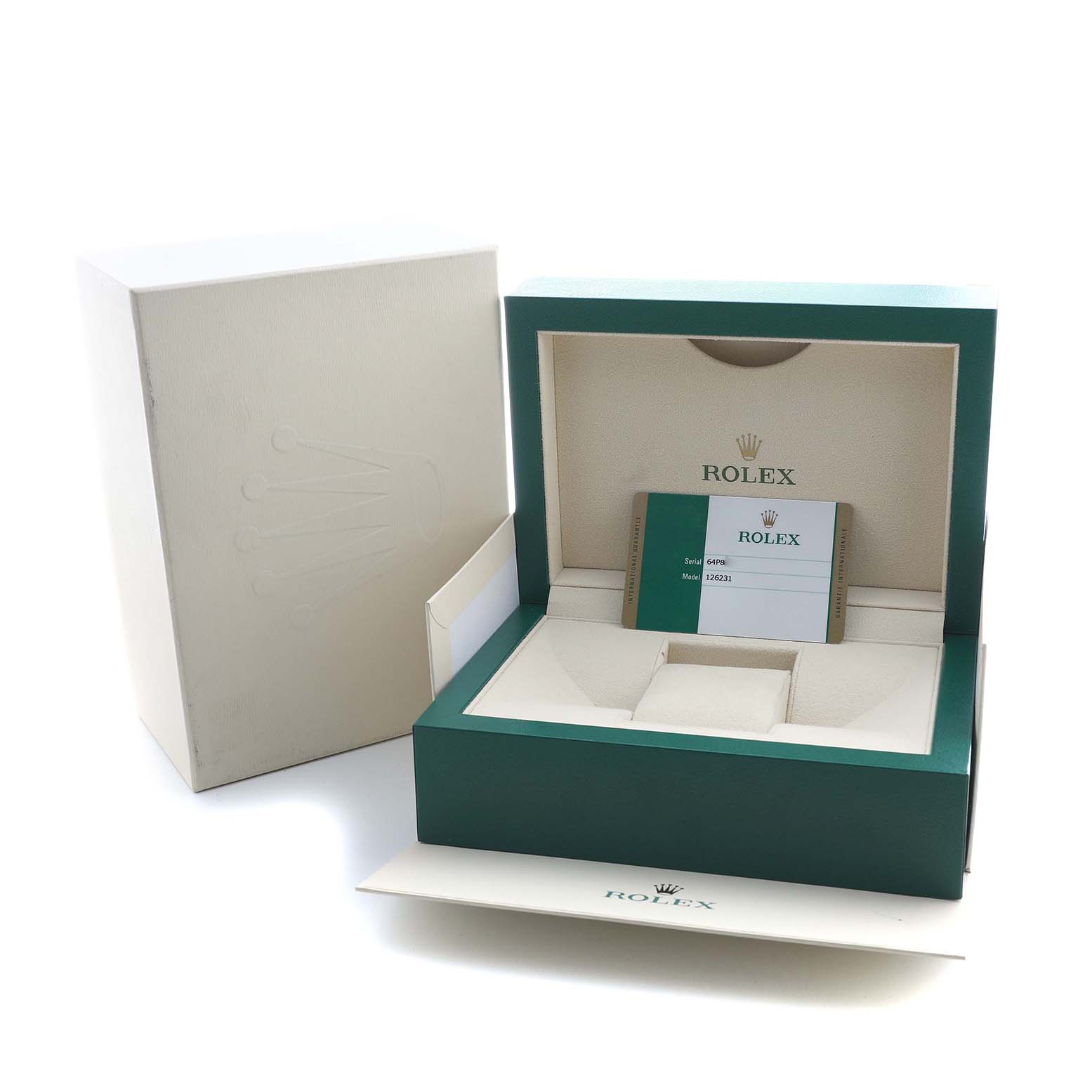 The image shows a Rolex Datejust 126231 Men's Steel and Gold (two tone) Grey Dial box with the watch holder and authentication card, displayed at a slightly elevated angle.