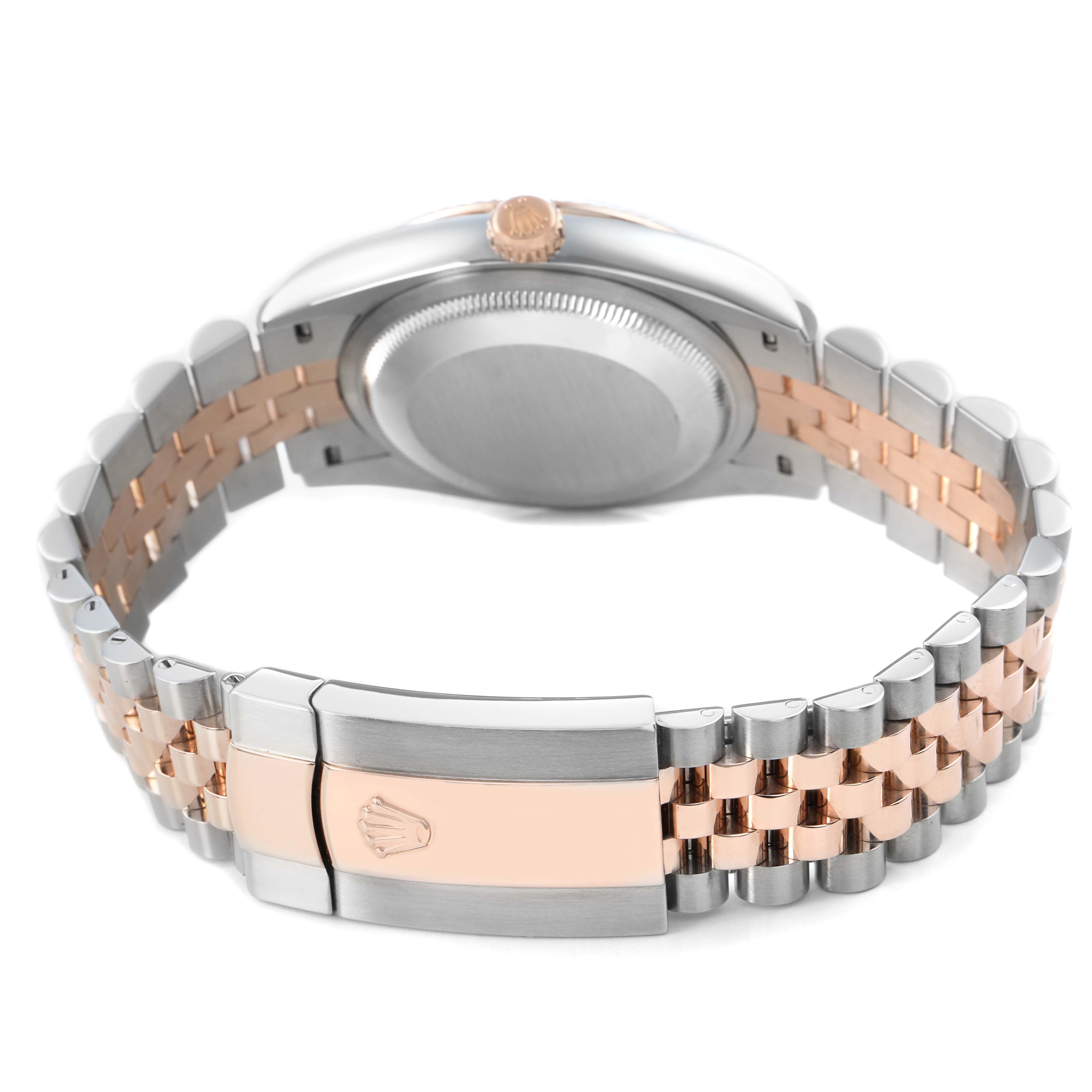 The Rolex Datejust 126231 Men's Steel and Gold (two tone) Grey Dial watch is shown from the back, highlighting the case, crown, and two-tone bracelet.