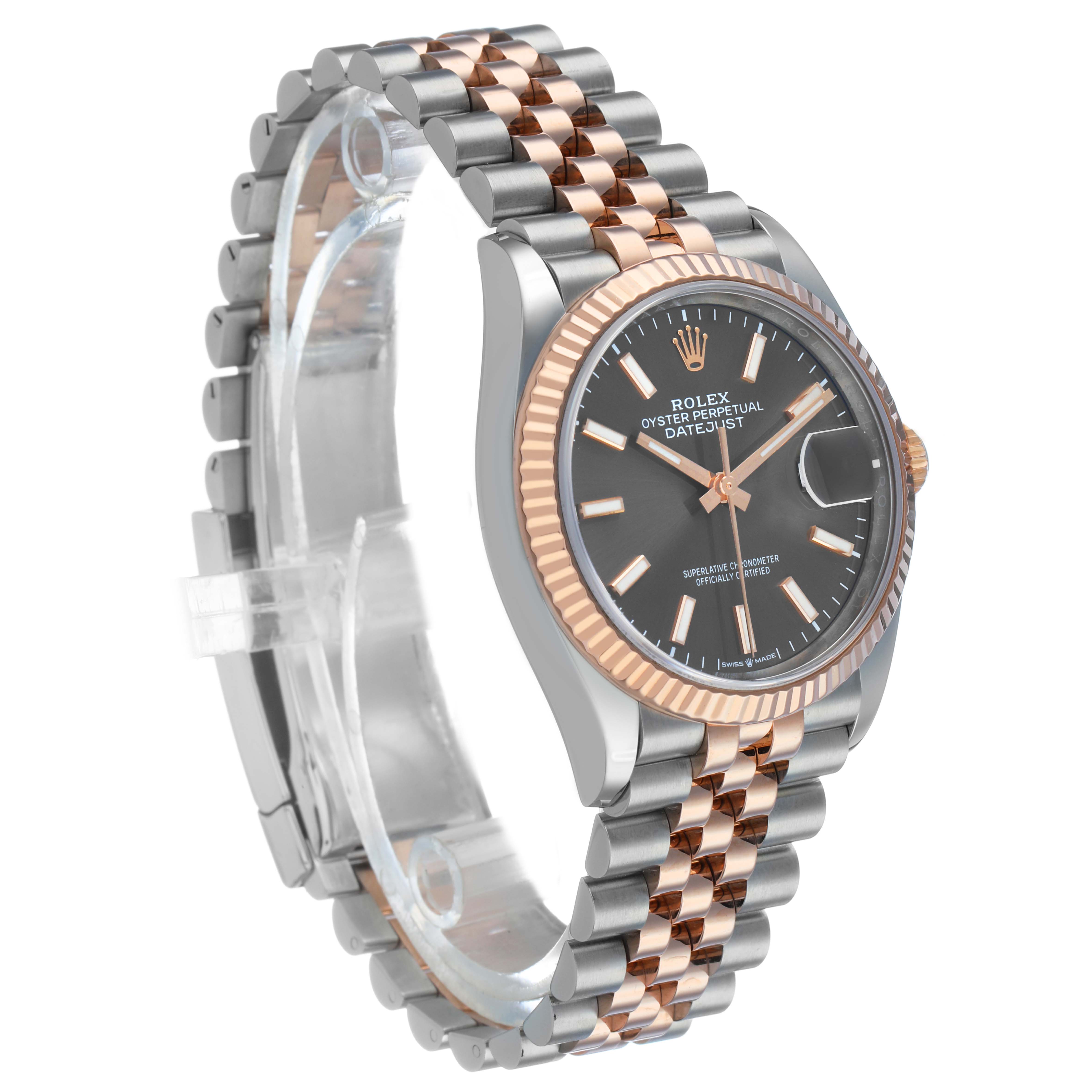 The Rolex Datejust 126231 Men's Steel and Gold (two tone) Grey Dial watch is shown at an angled side view, displaying the face, fluted bezel, and two-tone jubilee bracelet.