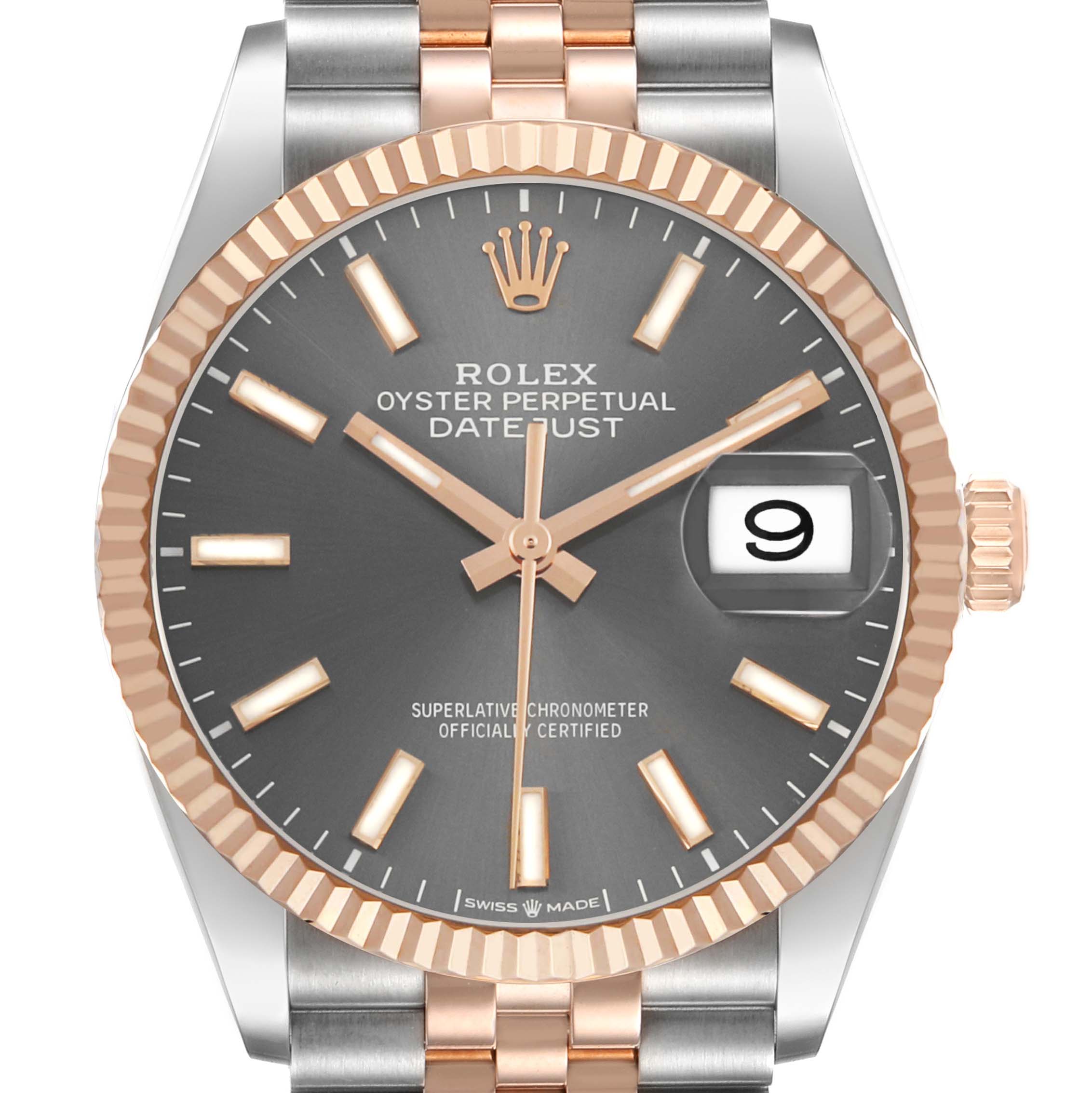 The Rolex Datejust 126231 Men's Steel and Gold (two tone) Grey Dial is shown from a front angle, highlighting the dial, gold bezel, bracelet, and crown.