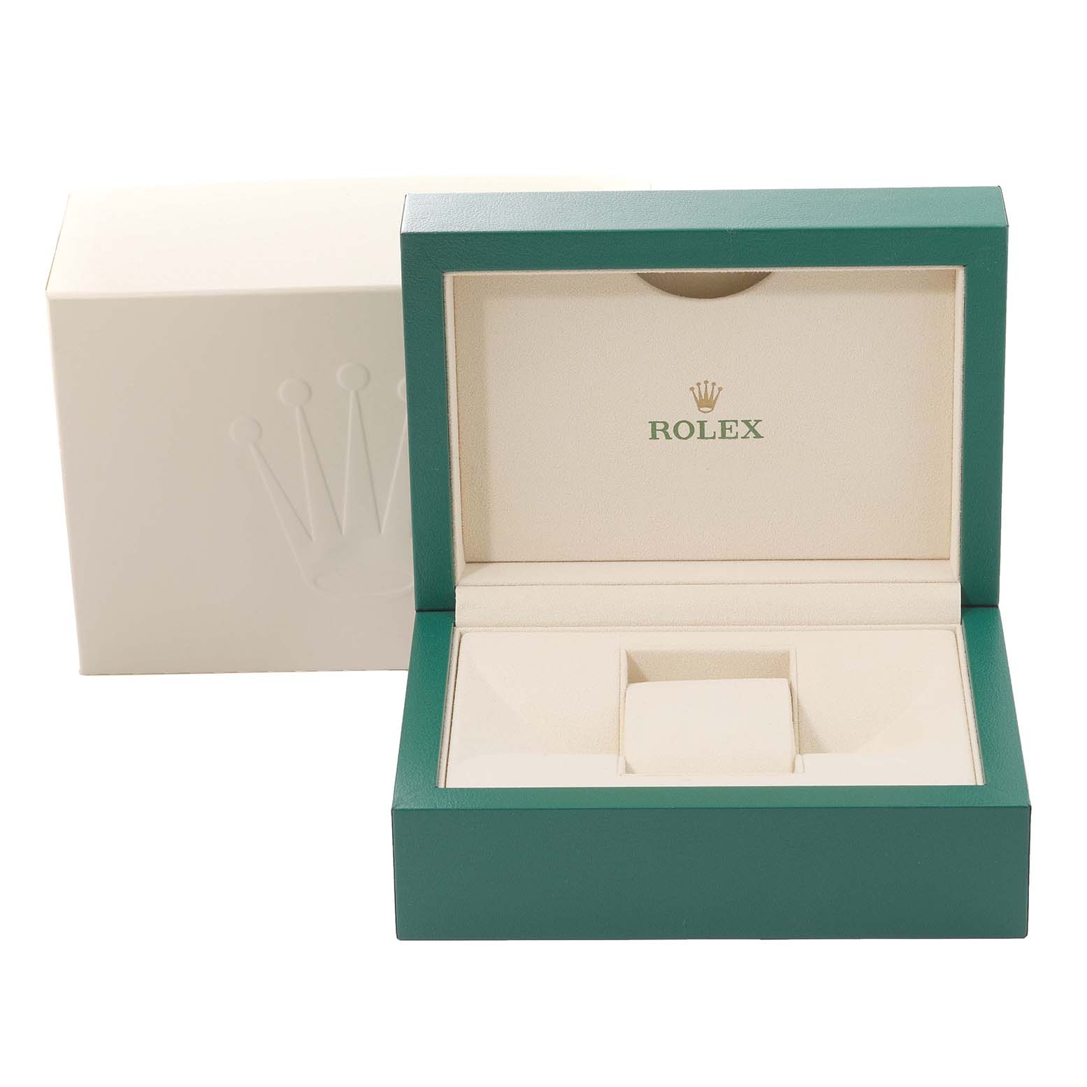 This image shows the opened packaging box for a Rolex Datejust 126201 Men's Steel and Gold (two tone) Grey Dial 126201 Men's Steel and Gold (two tone) Grey Dial watch.